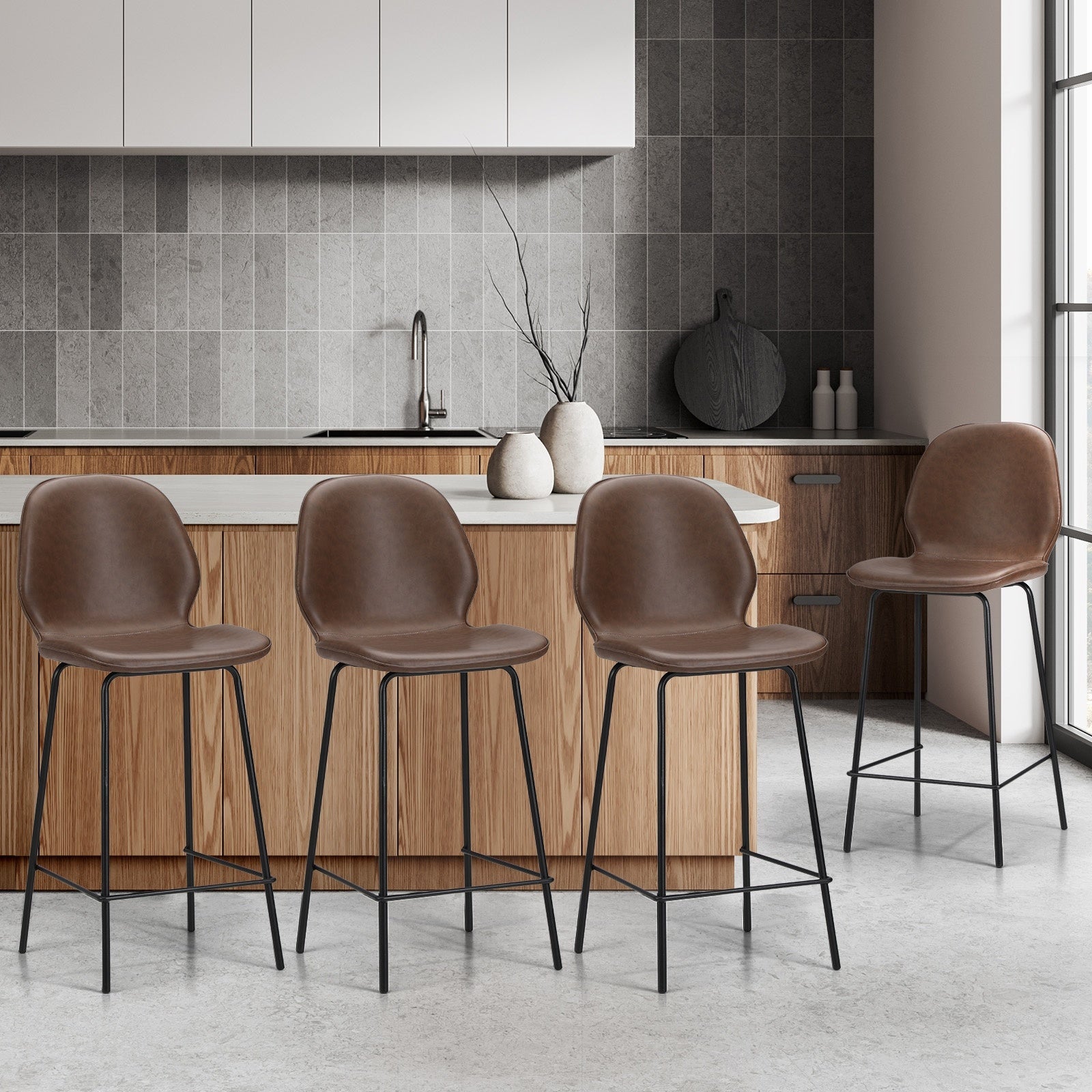 Oikiture Set of 4 Bar Stools Kitchen Dining Chairs Counter Stool Leather Brown - Sunyee