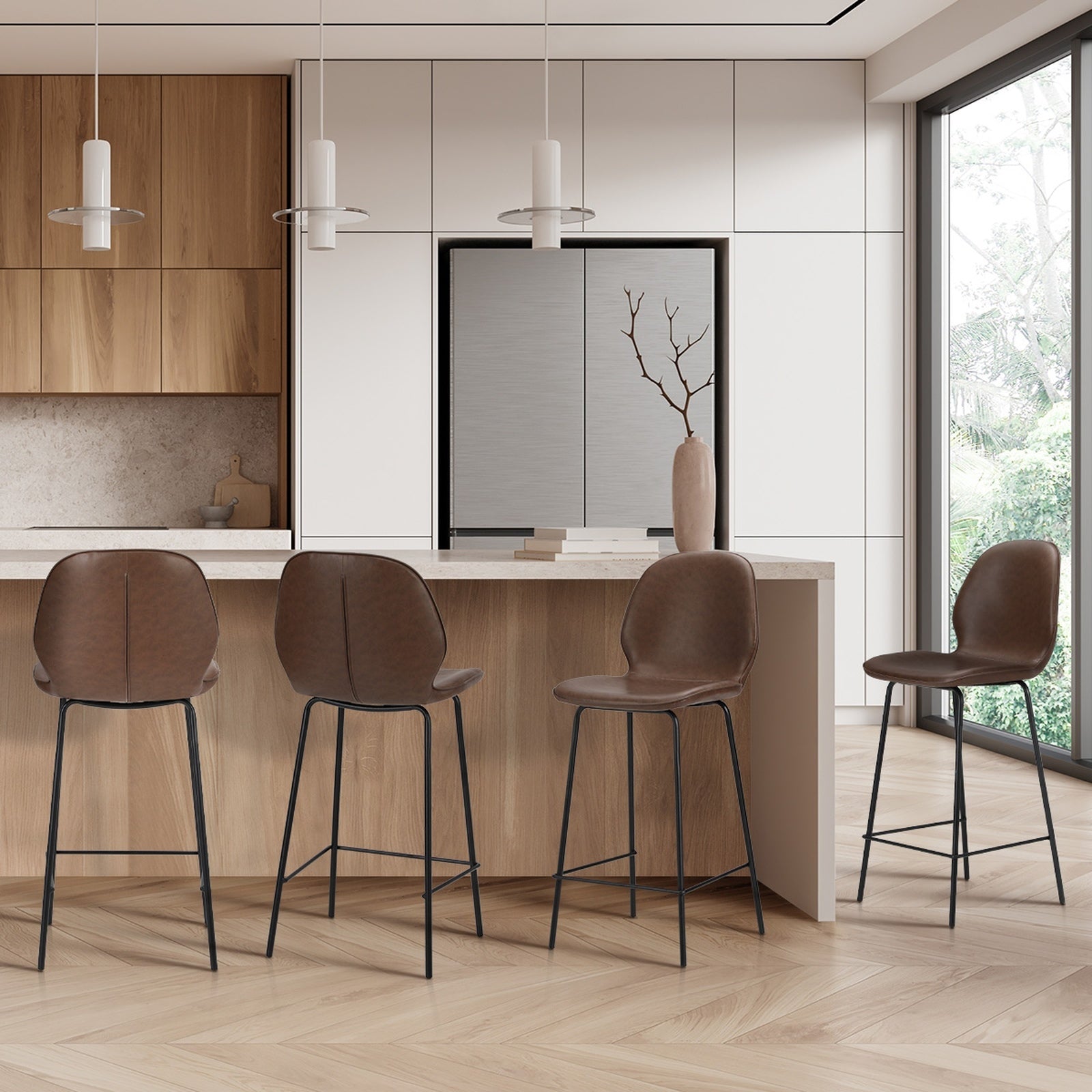 Oikiture Set of 4 Bar Stools Kitchen Dining Chairs Counter Stool Leather Brown - Sunyee