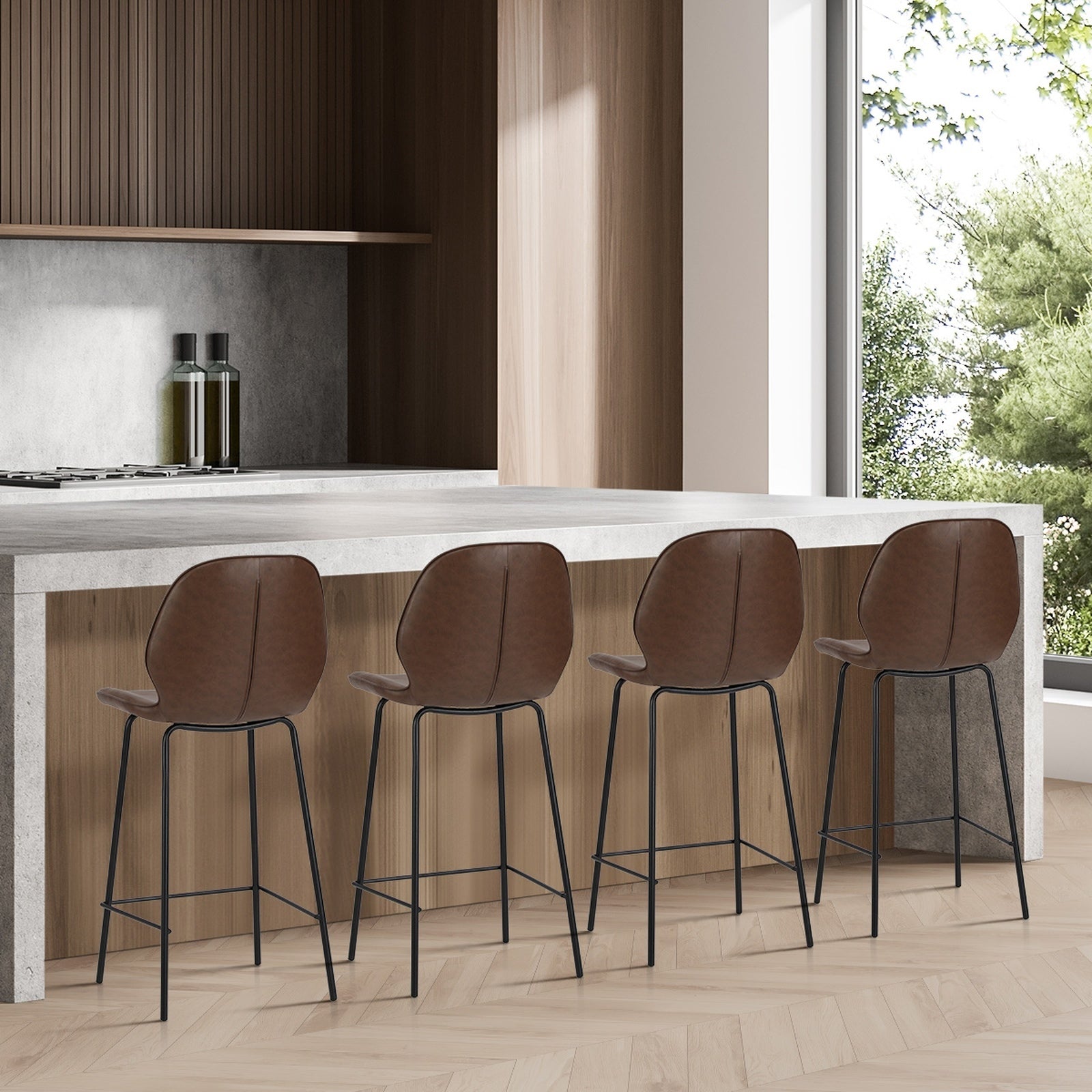 Oikiture Set of 4 Bar Stools Kitchen Dining Chairs Counter Stool Leather Brown - Sunyee