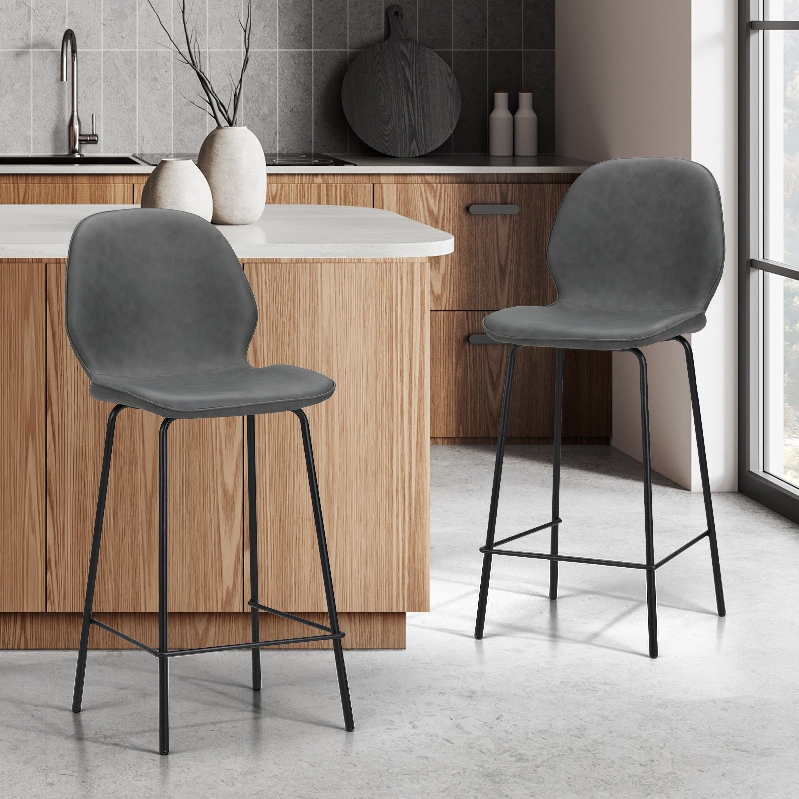 Oikiture 2x Bar Stools Kitchen Dining Chairs Counter Stool Leather Grey - Sunyee
