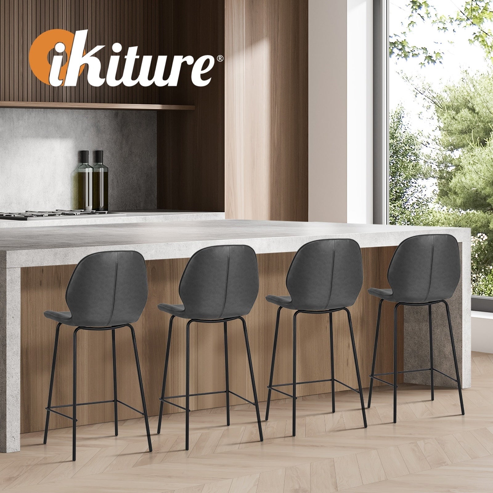 Oikiture Set of 4 Bar Stools Kitchen Dining Chairs Counter Stool Leather Grey - Sunyee
