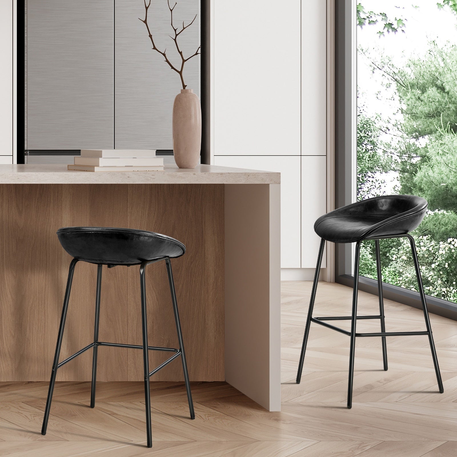 Oikiture 2X Bar Stools Kitchen Dining Chair Metal Counter Stool PU Leather Black - Sunyee
