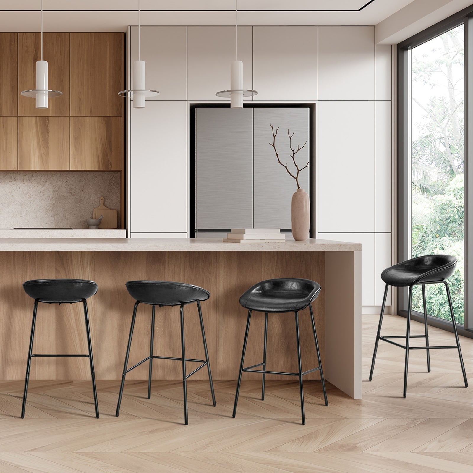 Oikiture 4X Bar Stools Kitchen Dining Chair Metal Counter Stool PU Leather Black - Sunyee
