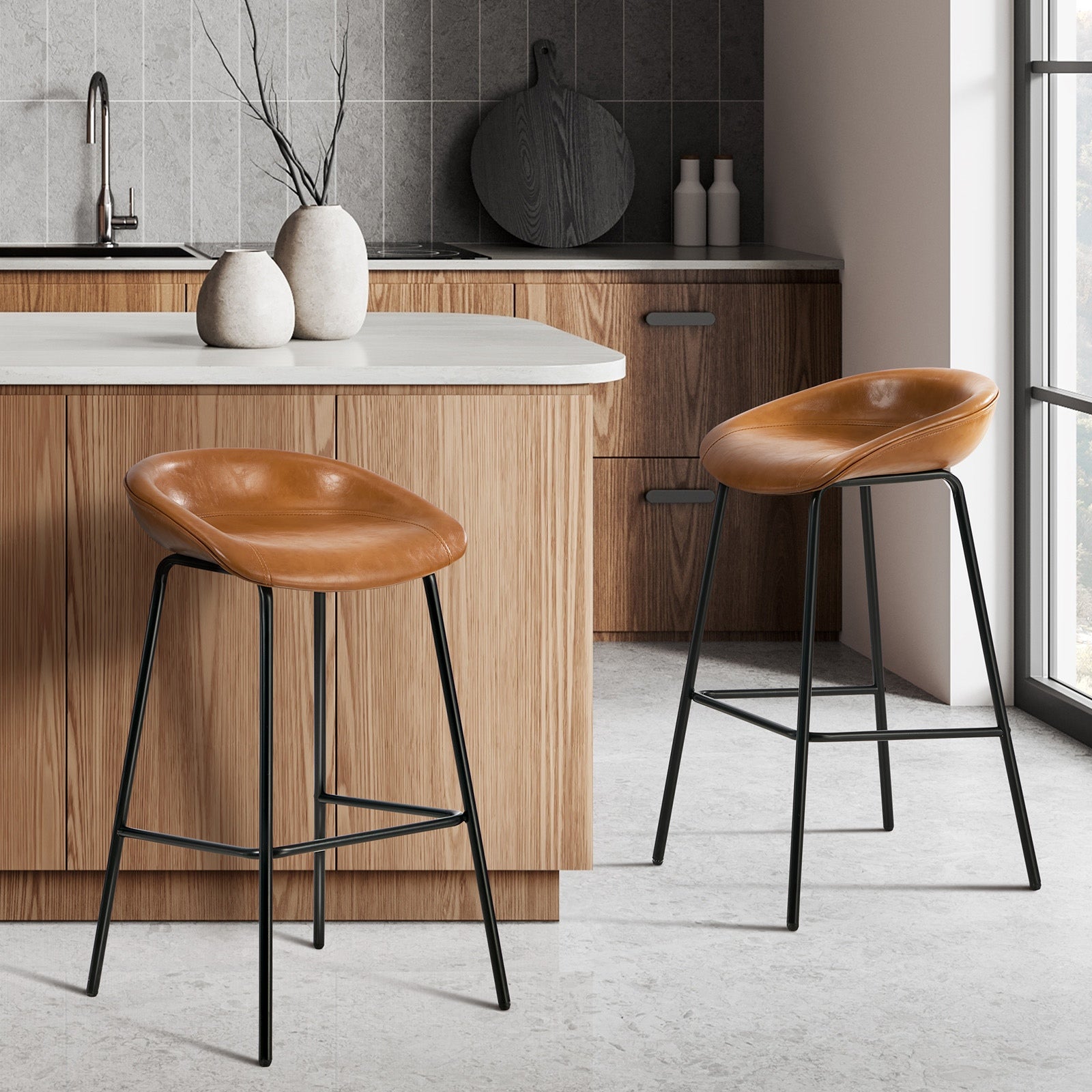 Oikiture 2X Bar Stools Kitchen Dining Chair Metal Counter Stool PU Leather Brown - Sunyee