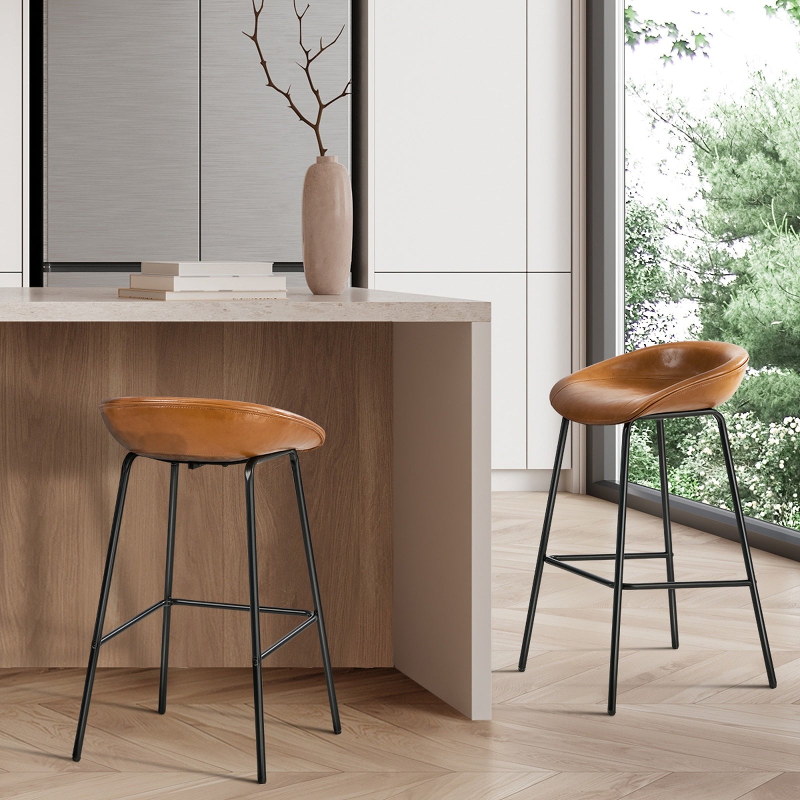 Oikiture 2X Bar Stools Kitchen Dining Chair Metal Counter Stool PU Leather Brown - Sunyee