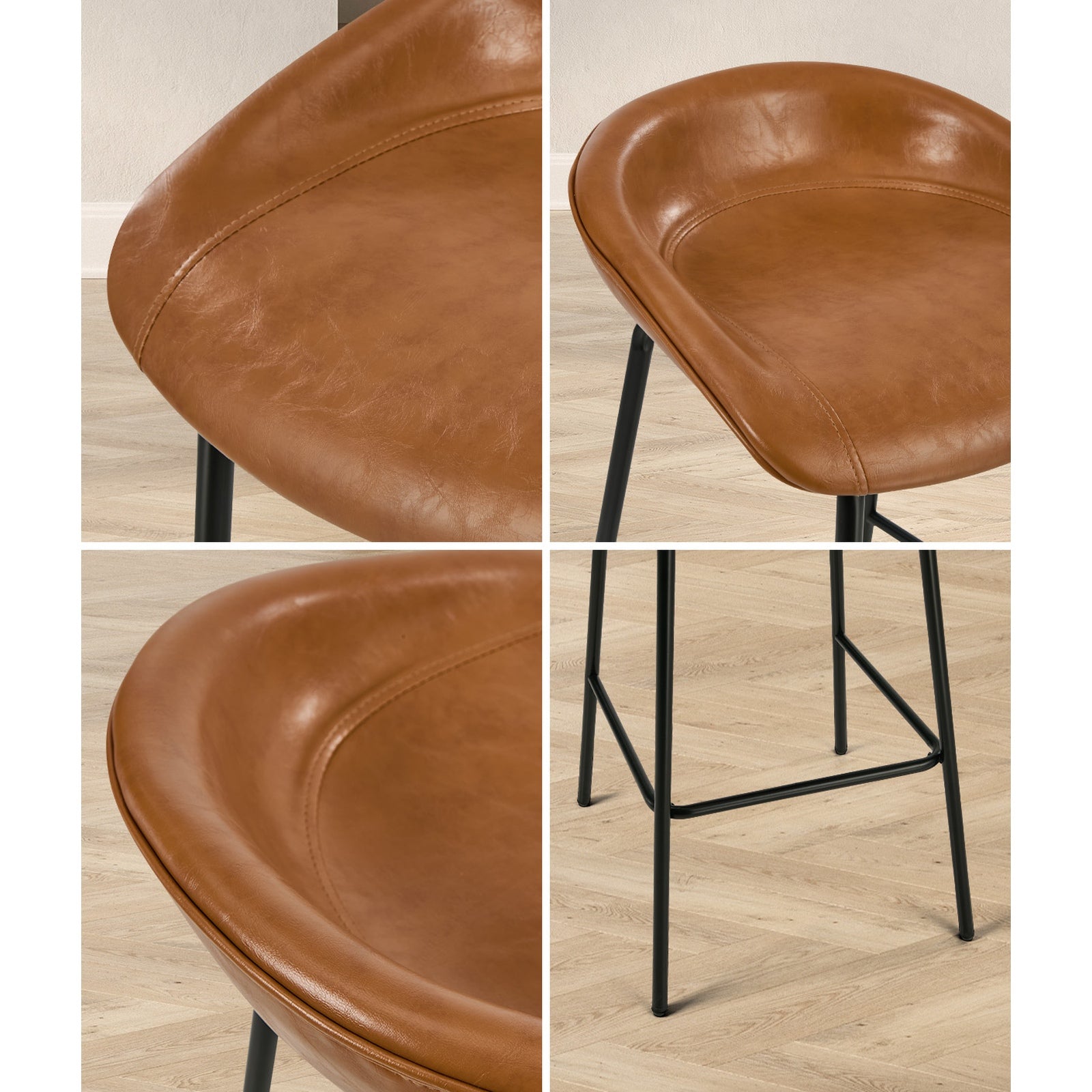 Oikiture 2X Bar Stools Kitchen Dining Chair Metal Counter Stool PU Leather Brown - Sunyee
