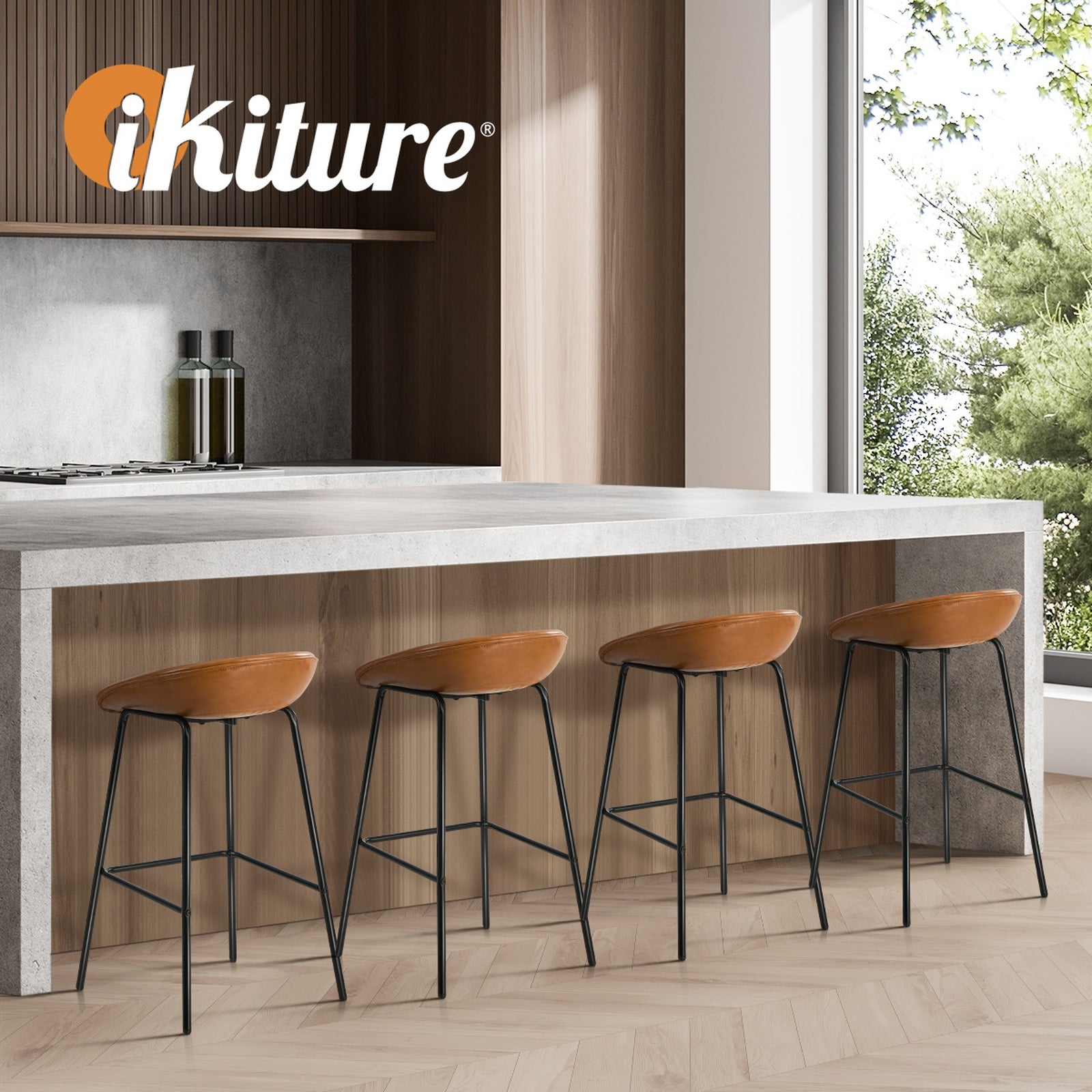 Oikiture 2X Bar Stools Kitchen Dining Chair Metal Counter Stool PU Leather Brown - Sunyee