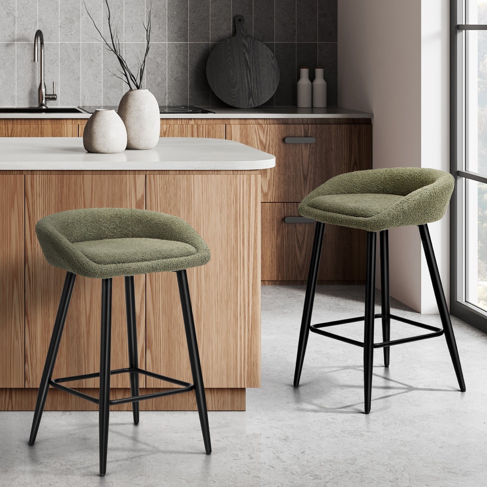 Oikiture Bar Stools Set of 2 Kitchen Dining Chairs Counter Stools Green Boucle - Sunyee