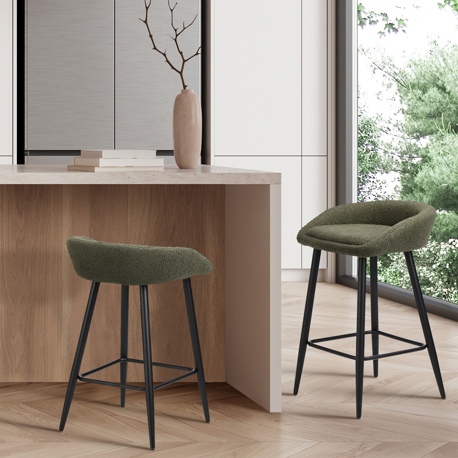 Oikiture Bar Stools Set of 2 Kitchen Dining Chairs Counter Stools Green Boucle - Sunyee