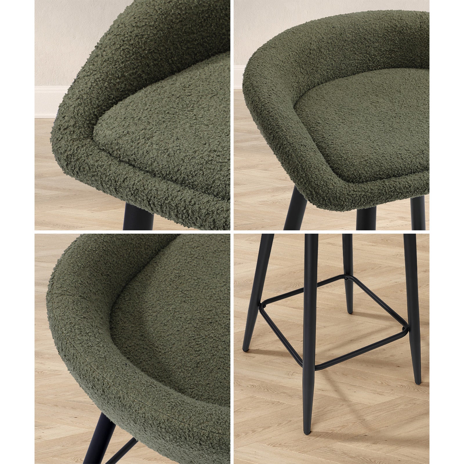 Oikiture Bar Stools Set of 2 Kitchen Dining Chairs Counter Stools Green Boucle - Sunyee