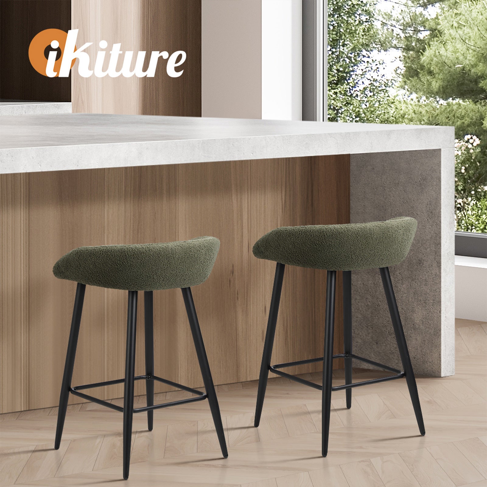 Oikiture Bar Stools Set of 2 Kitchen Dining Chairs Counter Stools Green Boucle - Sunyee