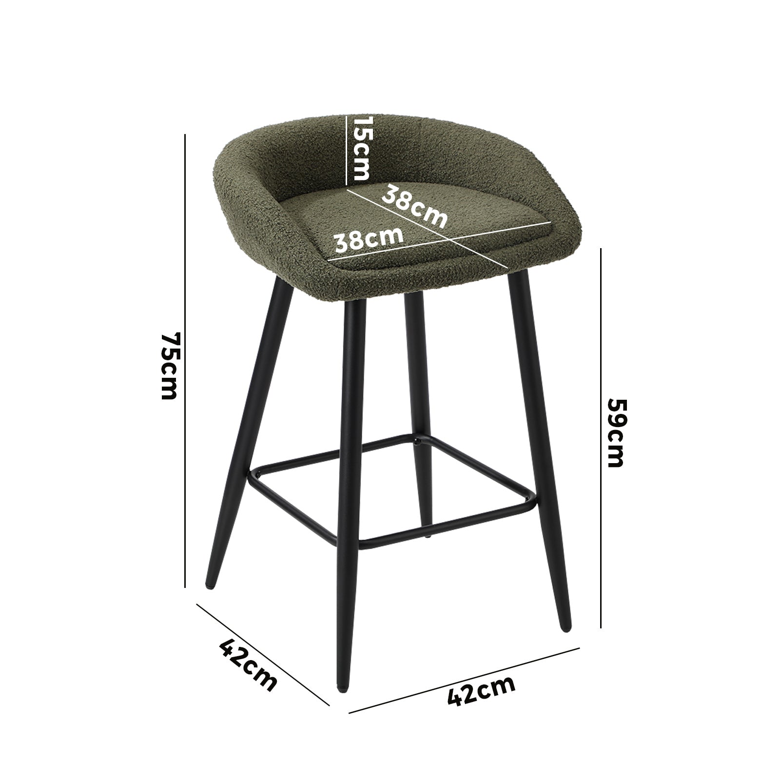 Oikiture Bar Stools Set of 2 Kitchen Dining Chairs Counter Stools Green Boucle - Sunyee