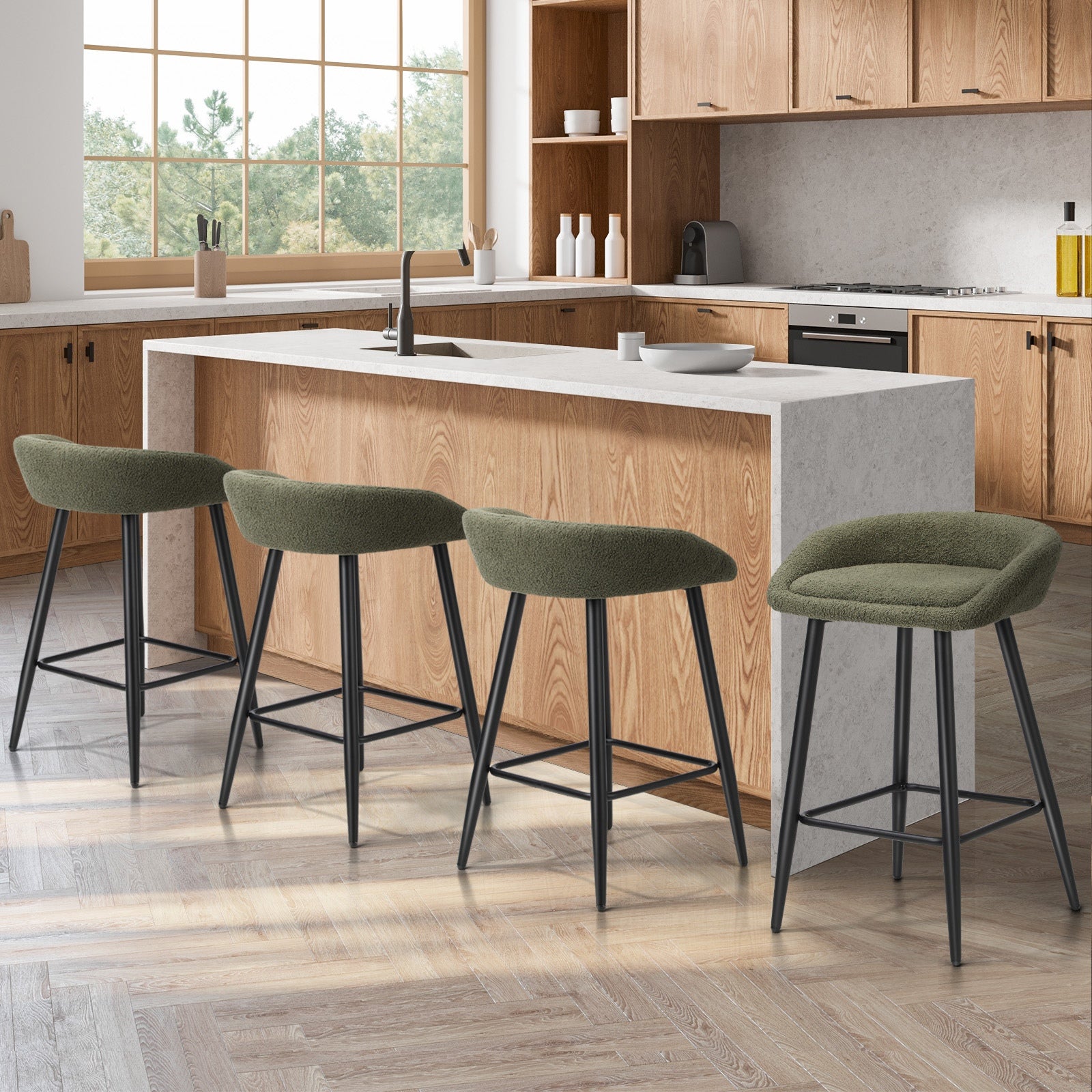 Oikiture Bar Stools Set of 4 Kitchen Dining Chairs Counter Stools Green Boucle - Sunyee