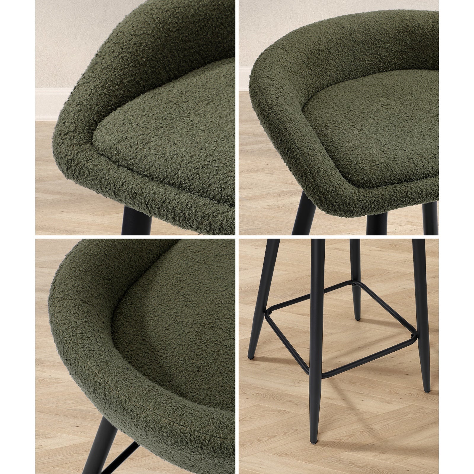 Oikiture Bar Stools Set of 4 Kitchen Dining Chairs Counter Stools Green Boucle - Sunyee