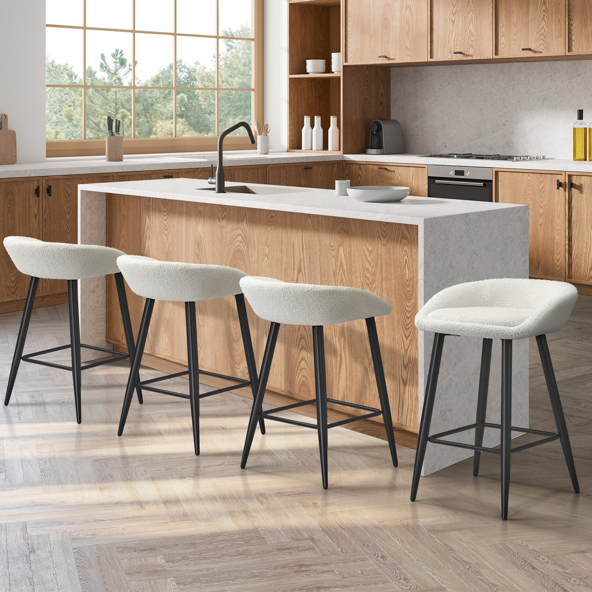Oikiture Bar Stools Set of 4 Kitchen Dining Chairs Counter Stool White Boucle - Sunyee