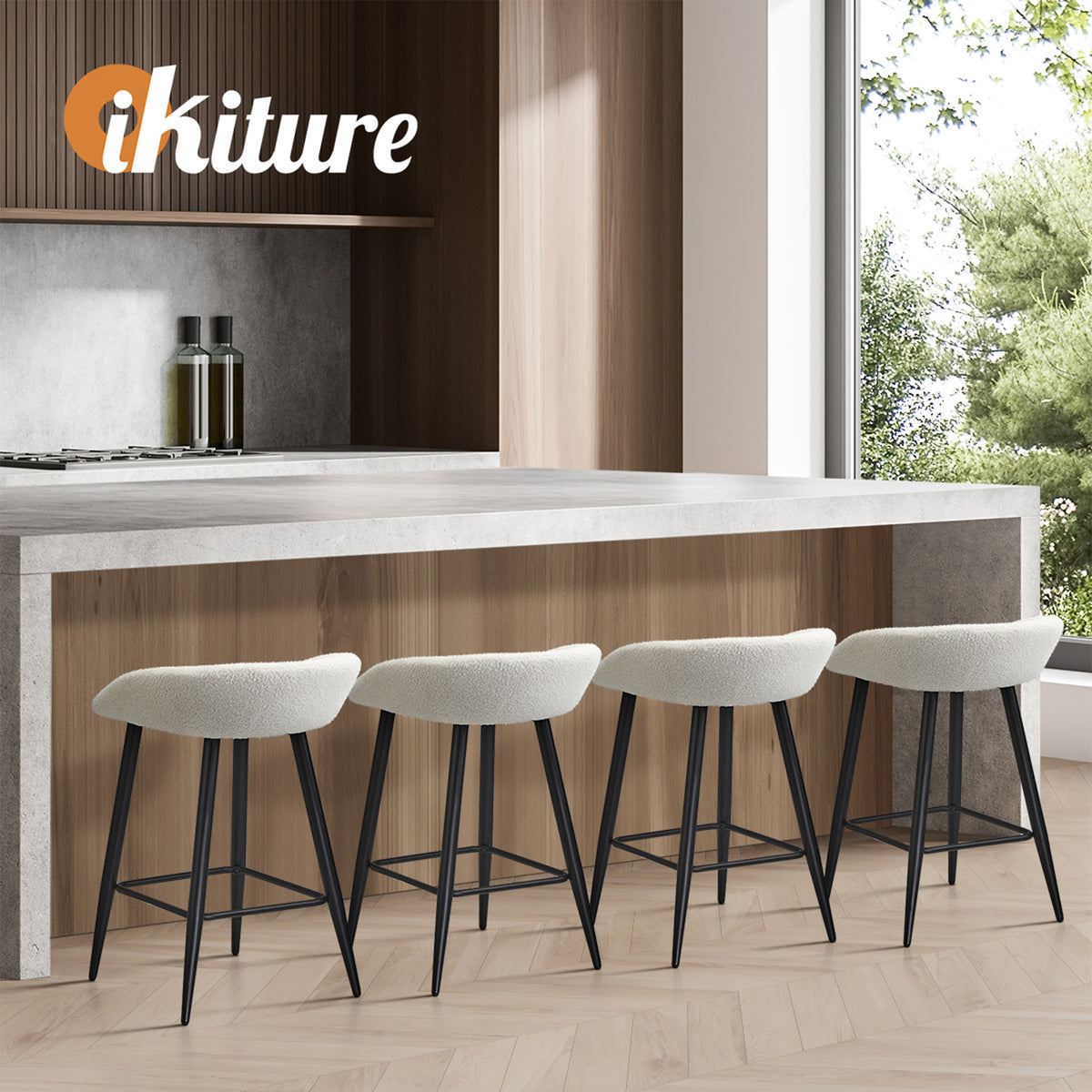 Oikiture Bar Stools Set of 4 Kitchen Dining Chairs Counter Stool White Boucle - Sunyee