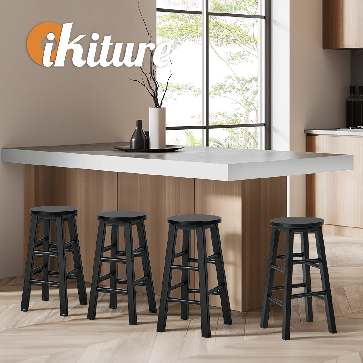Oikiture 4x Bar Stool Kitchen Counter Round Chair Split-Level Footrest Black