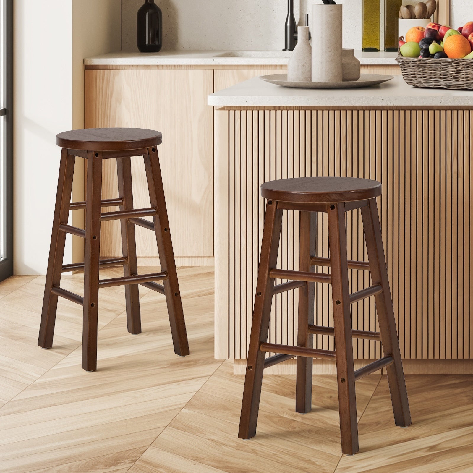 Oikiture 2x Bar Stool Kitchen Counter Round Chair Split-Level Footrest Walnut