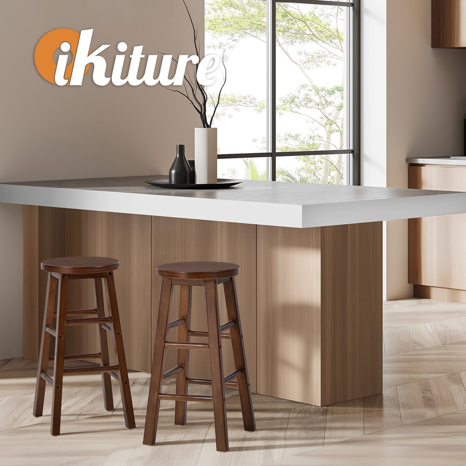 Oikiture 2x Bar Stool Kitchen Counter Round Chair Split-Level Footrest Walnut
