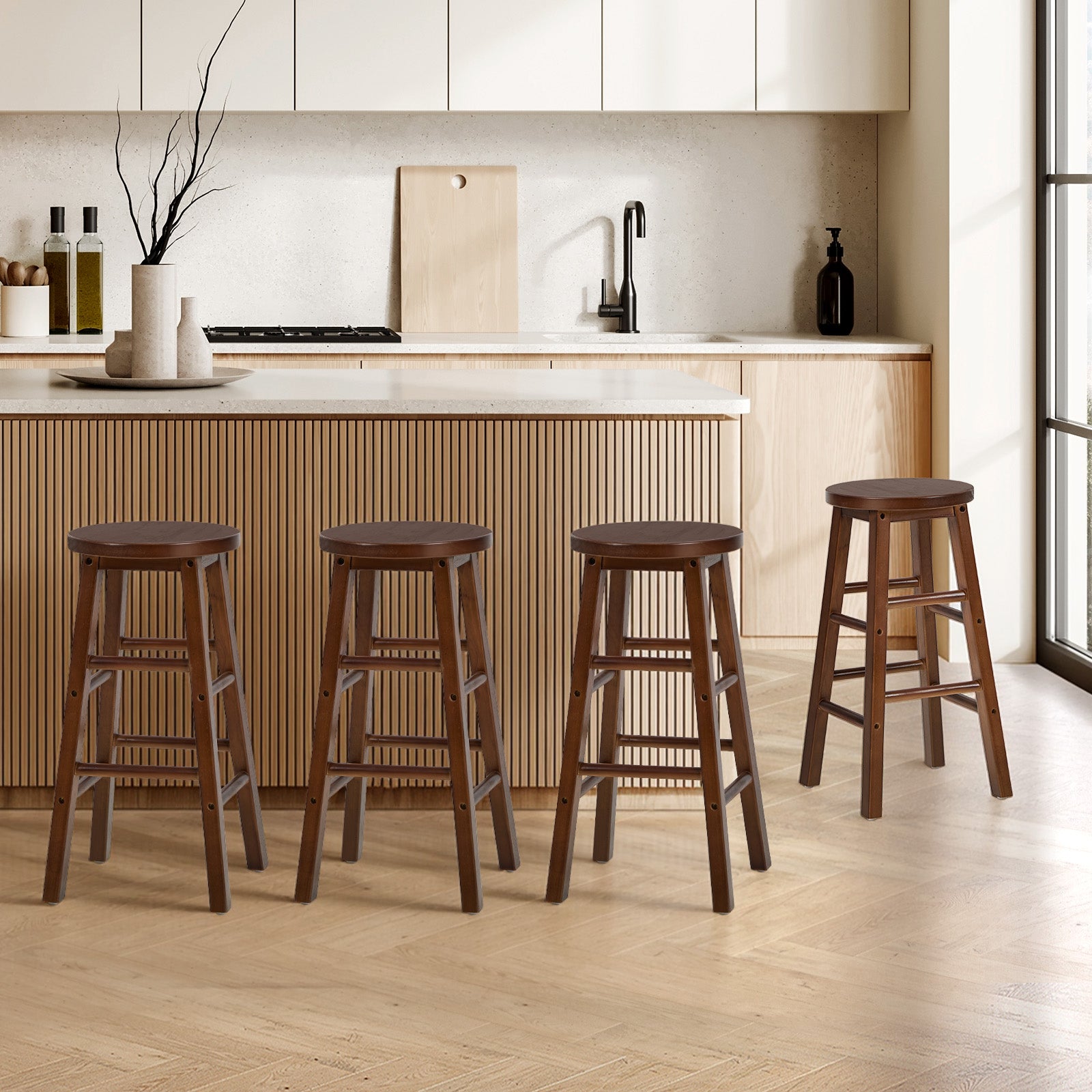Oikiture 4x Bar Stool Kitchen Counter Round Chair Split-Level Footrest Walnut