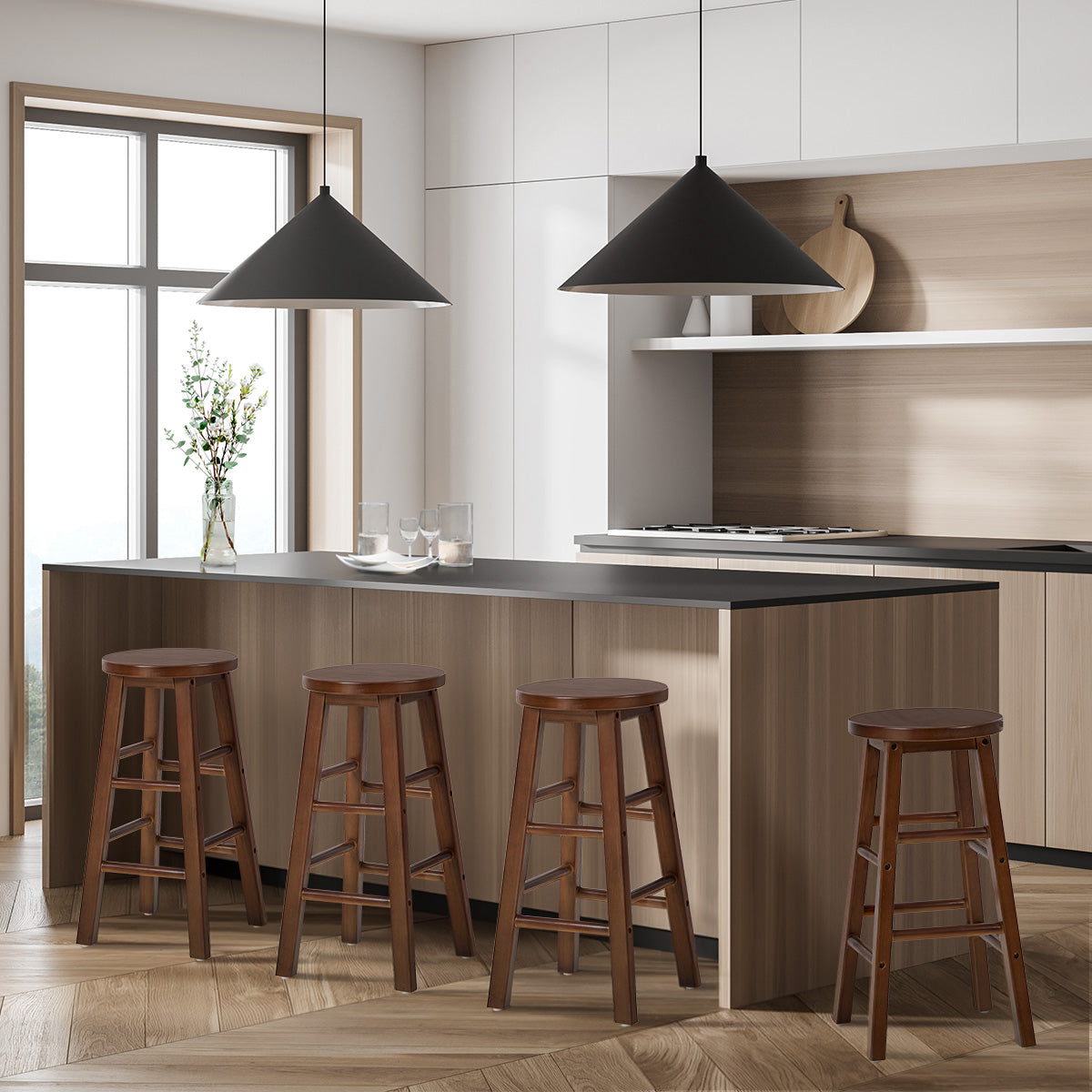 Oikiture 4x Bar Stool Kitchen Counter Round Chair Split-Level Footrest Walnut