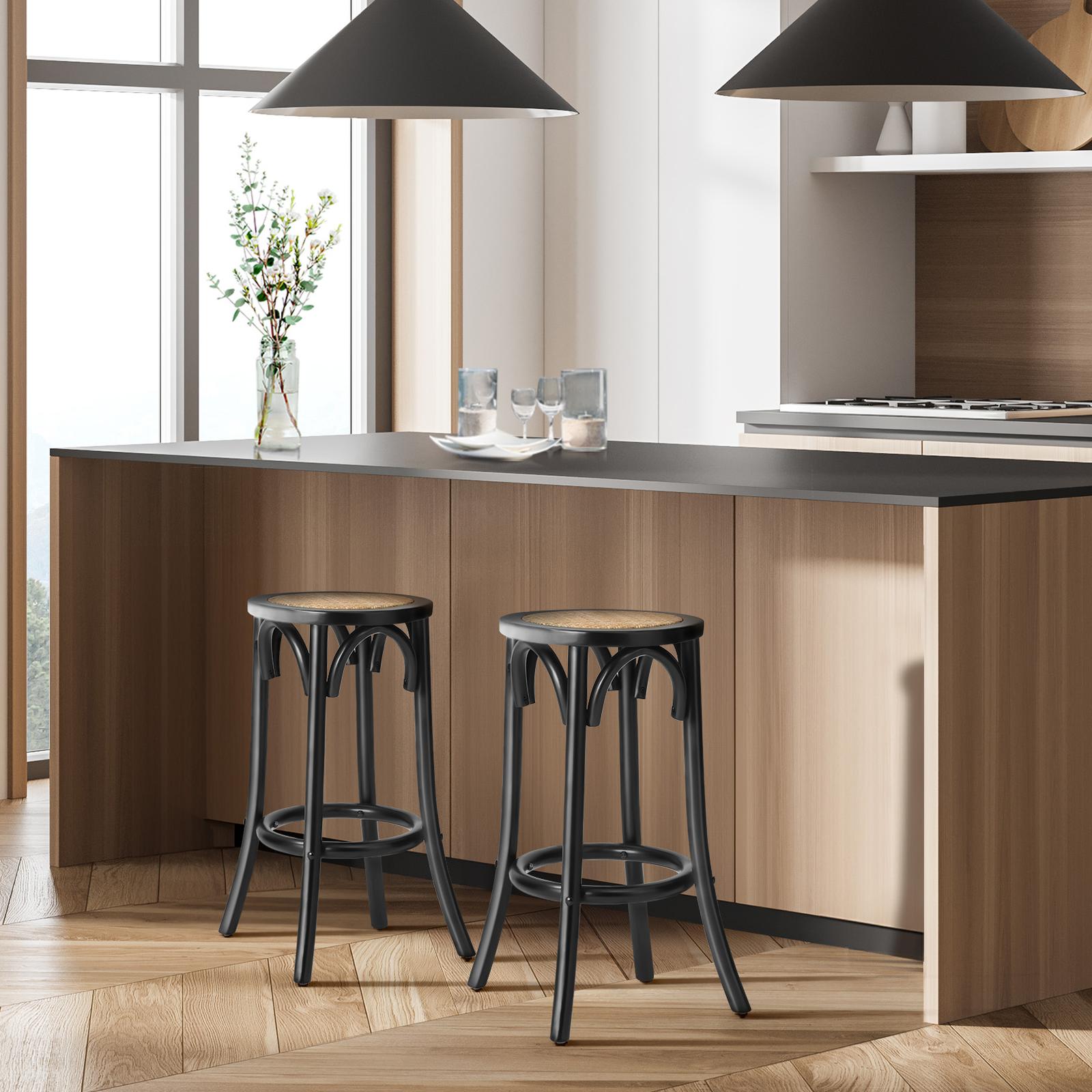 Oikiture 2x Bar Stools Kitchen Vintage Dining Chair Rattan Seat Black - Sunyee