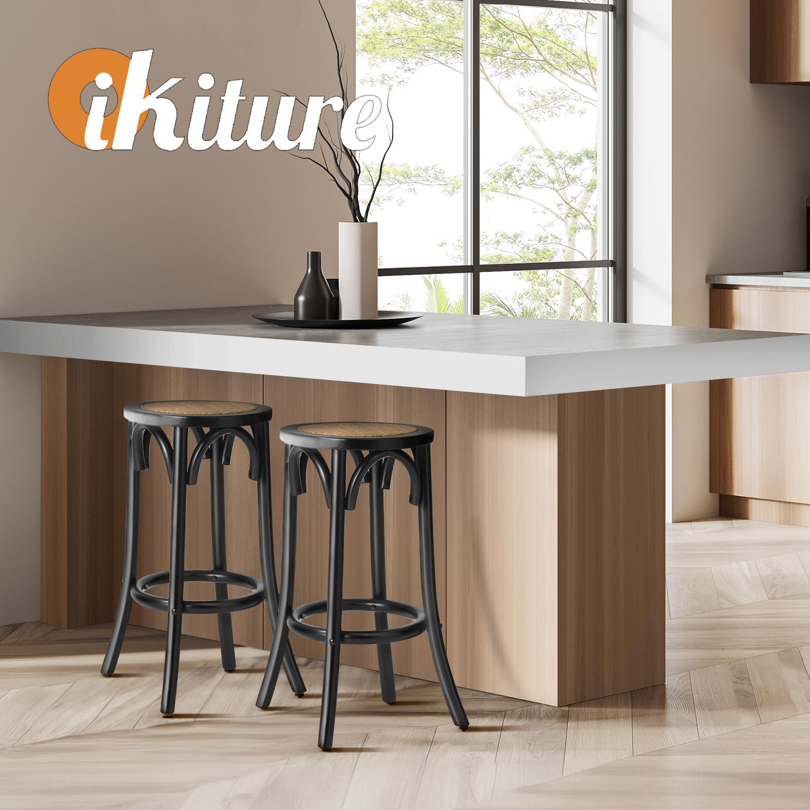 Oikiture 2x Bar Stools Kitchen Vintage Dining Chair Rattan Seat Black - Sunyee