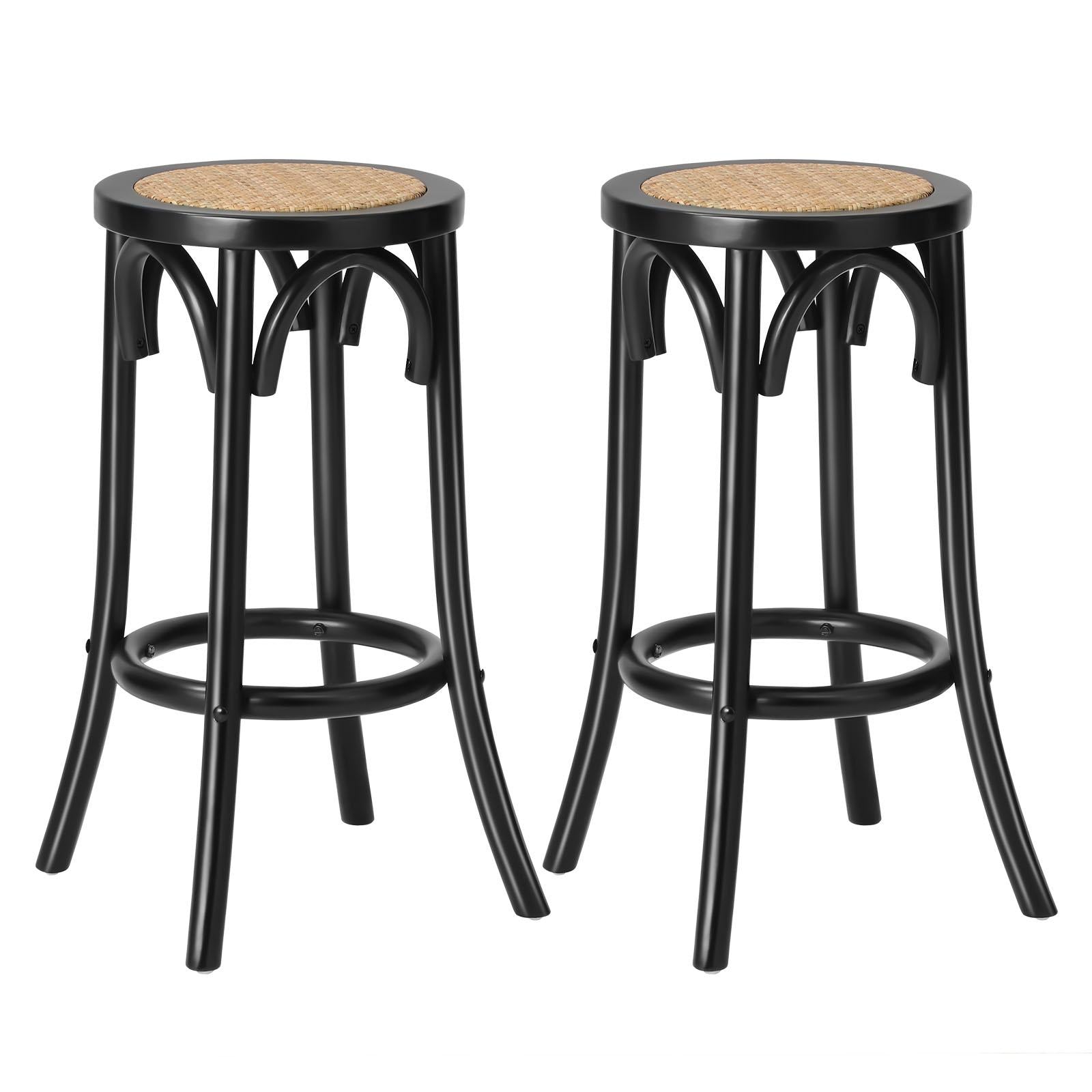 Oikiture 2x Bar Stools Kitchen Vintage Dining Chair Rattan Seat Black - Sunyee