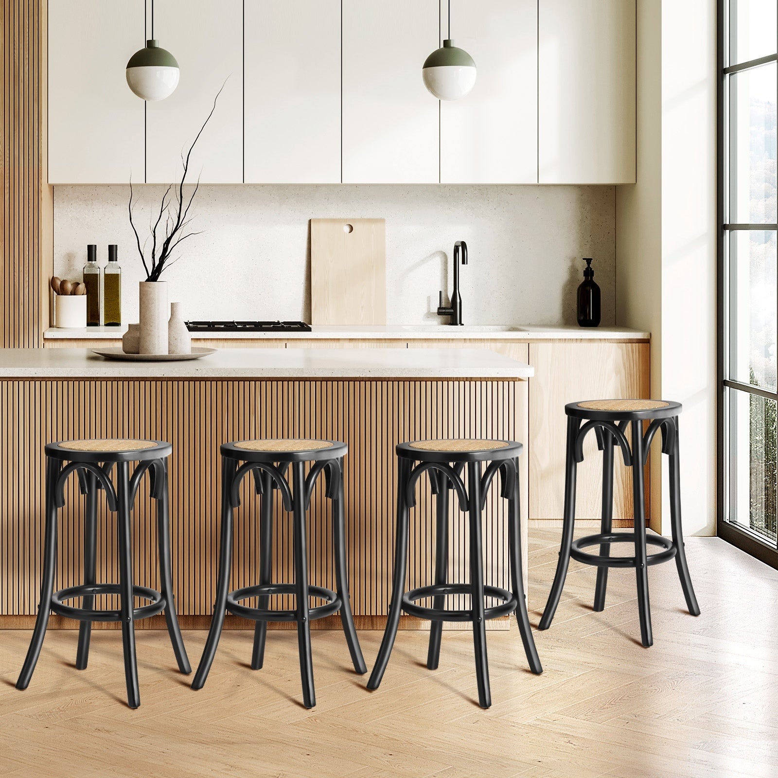 Oikiture 2/4x Bar Stools Kitchen Vintage Dining Chair Rattan Seat - Sunyee