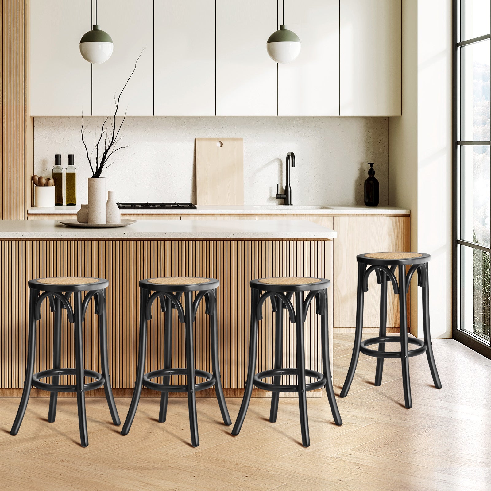 Oikiture 4x Bar Stools Kitchen Vintage Dining Chair Rattan Seat Black - Sunyee