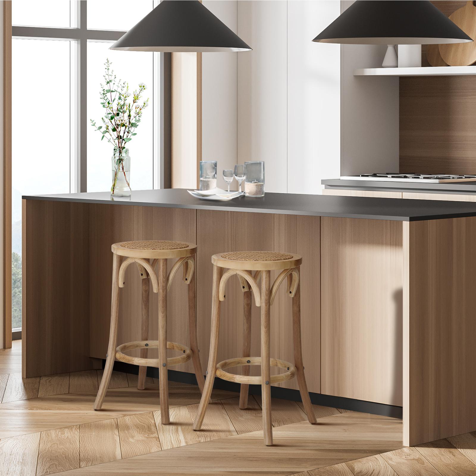 Oikiture 2x Bar Stools Kitchen Vintage Dining Chair Rattan Seat Natural - Sunyee