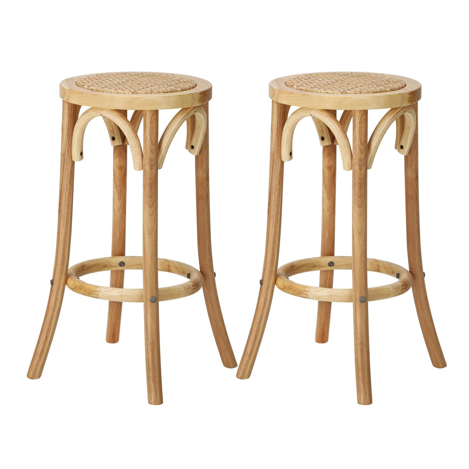 Oikiture 2x Bar Stools Kitchen Vintage Dining Chair Rattan Seat Natural - Sunyee