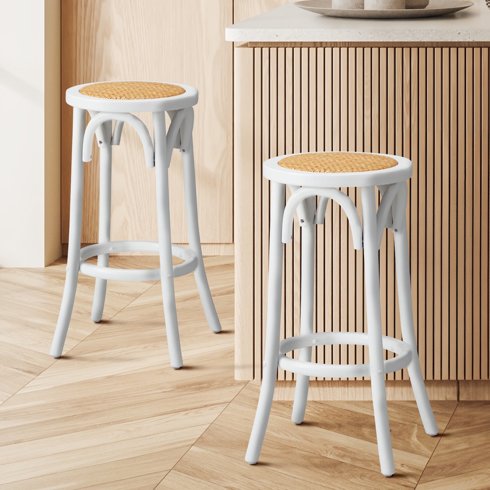 Oikiture 2/4x Bar Stools Kitchen Vintage Dining Chair Rattan Seat - Sunyee