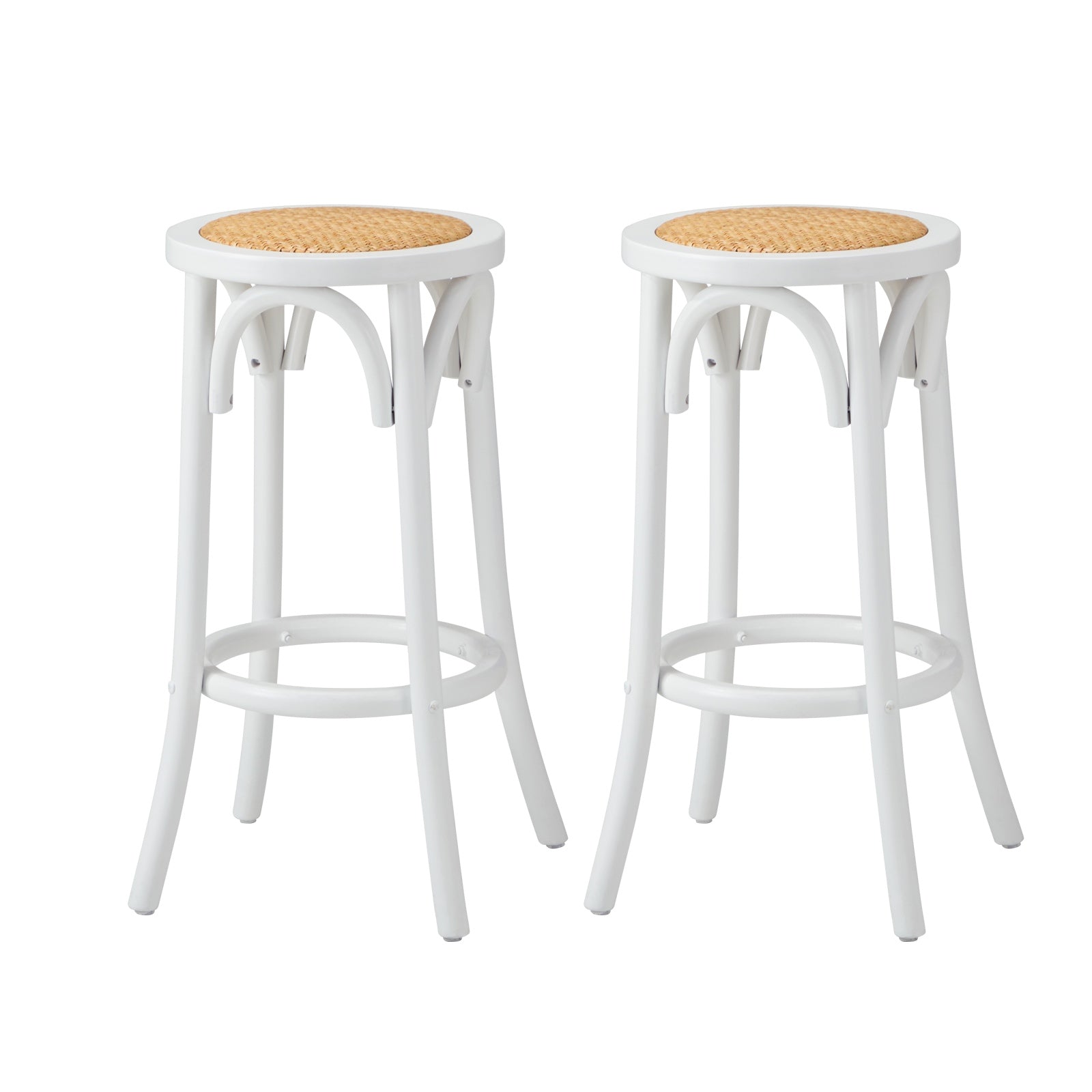 Oikiture 2x Bar Stools Kitchen Vintage Dining Chair Rattan Seat White - Sunyee