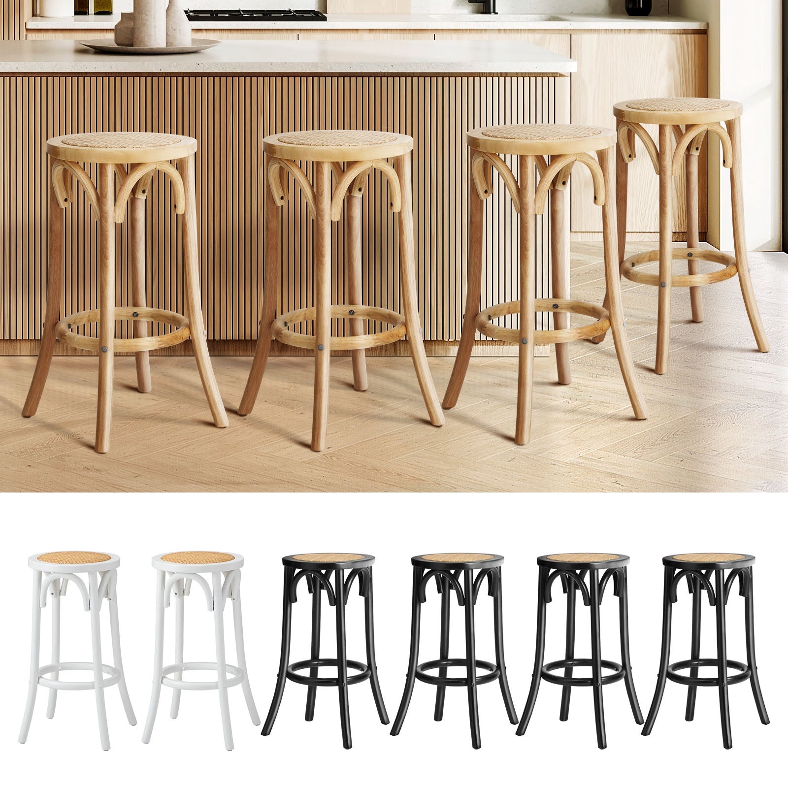 Oikiture 2/4x Bar Stools Kitchen Vintage Dining Chair Rattan Seat - Sunyee
