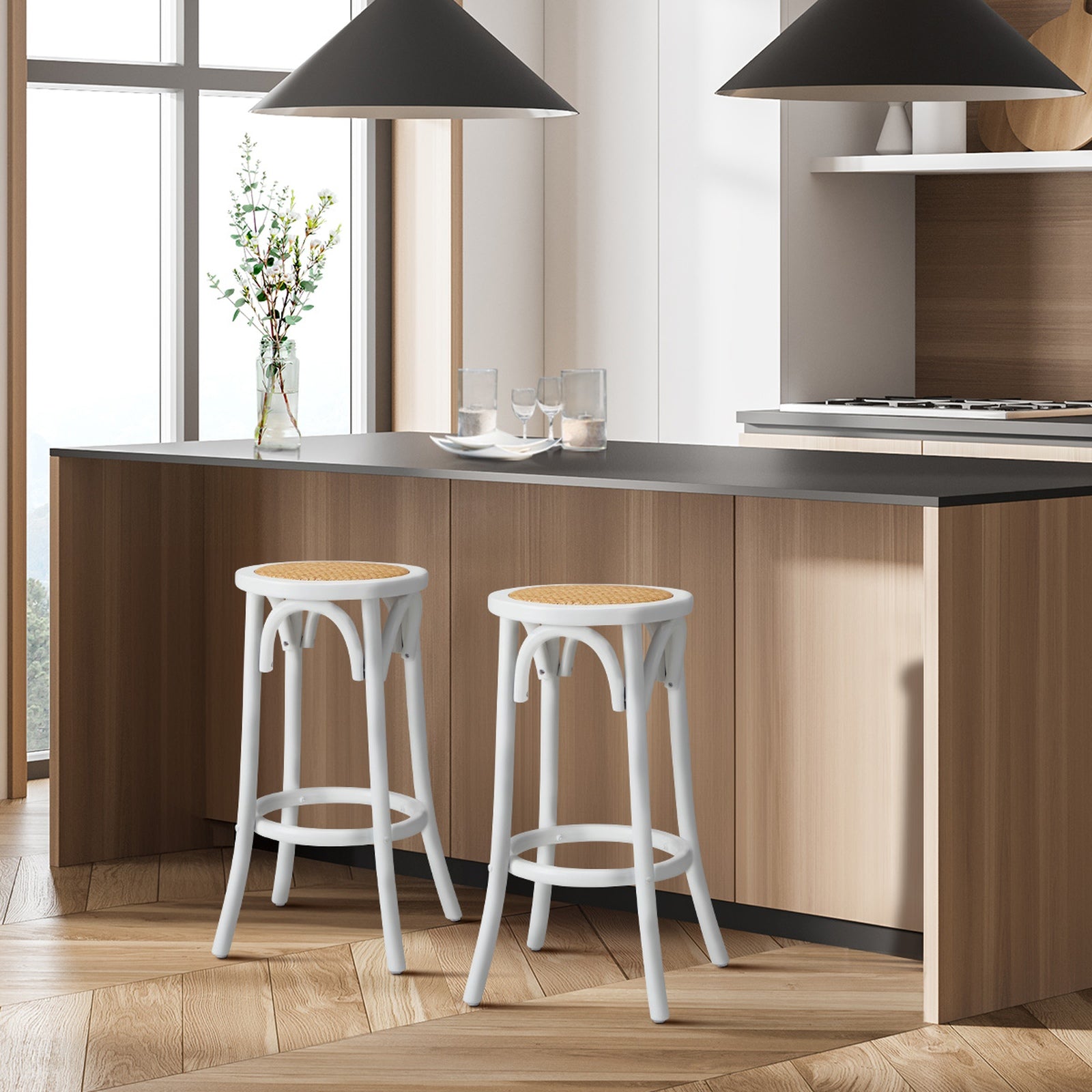 Oikiture 2/4x Bar Stools Kitchen Vintage Dining Chair Rattan Seat - Sunyee