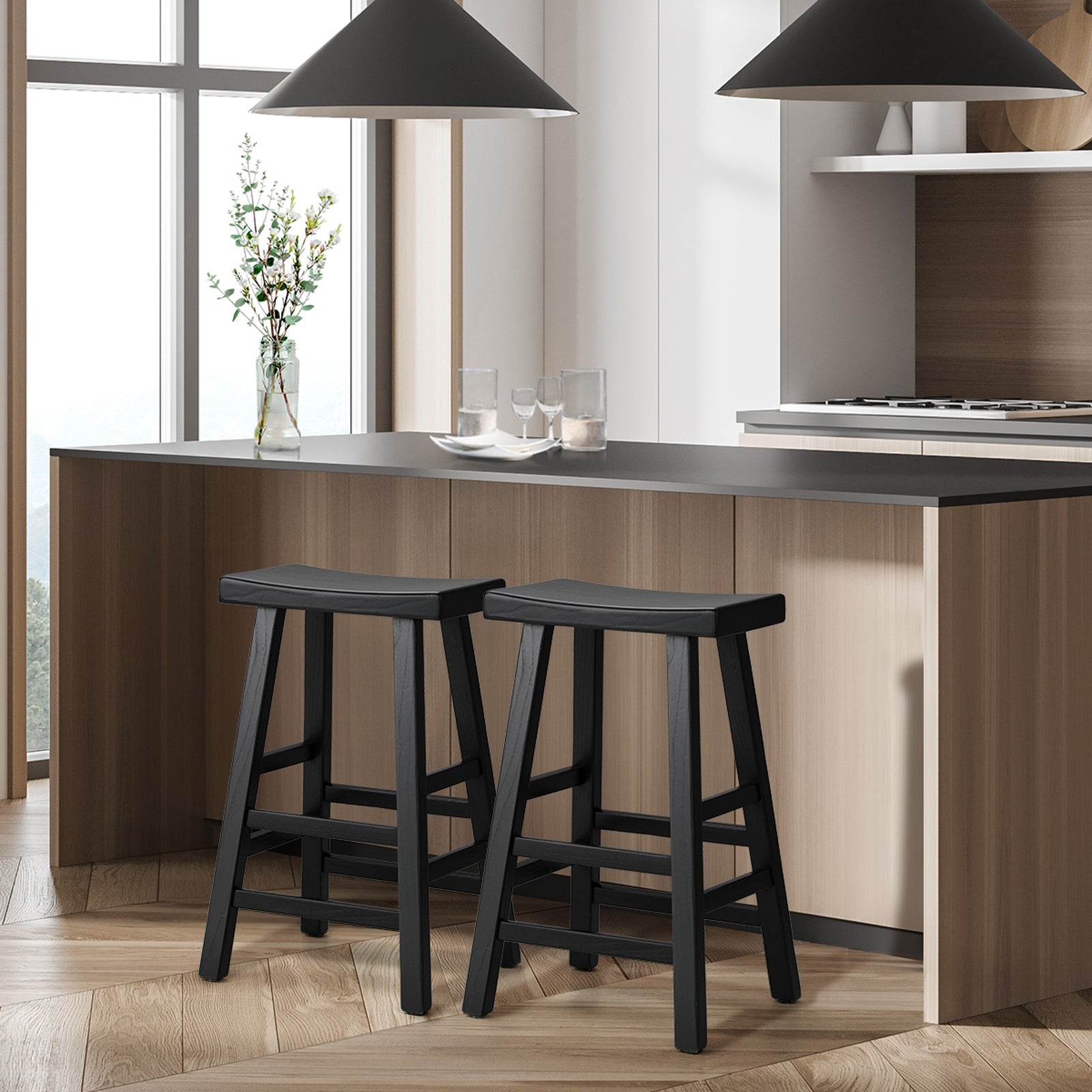 Oikiture 2X Bar Stools Kitchen Stool Wooden Counter Chairs Barstools Black - Sunyee