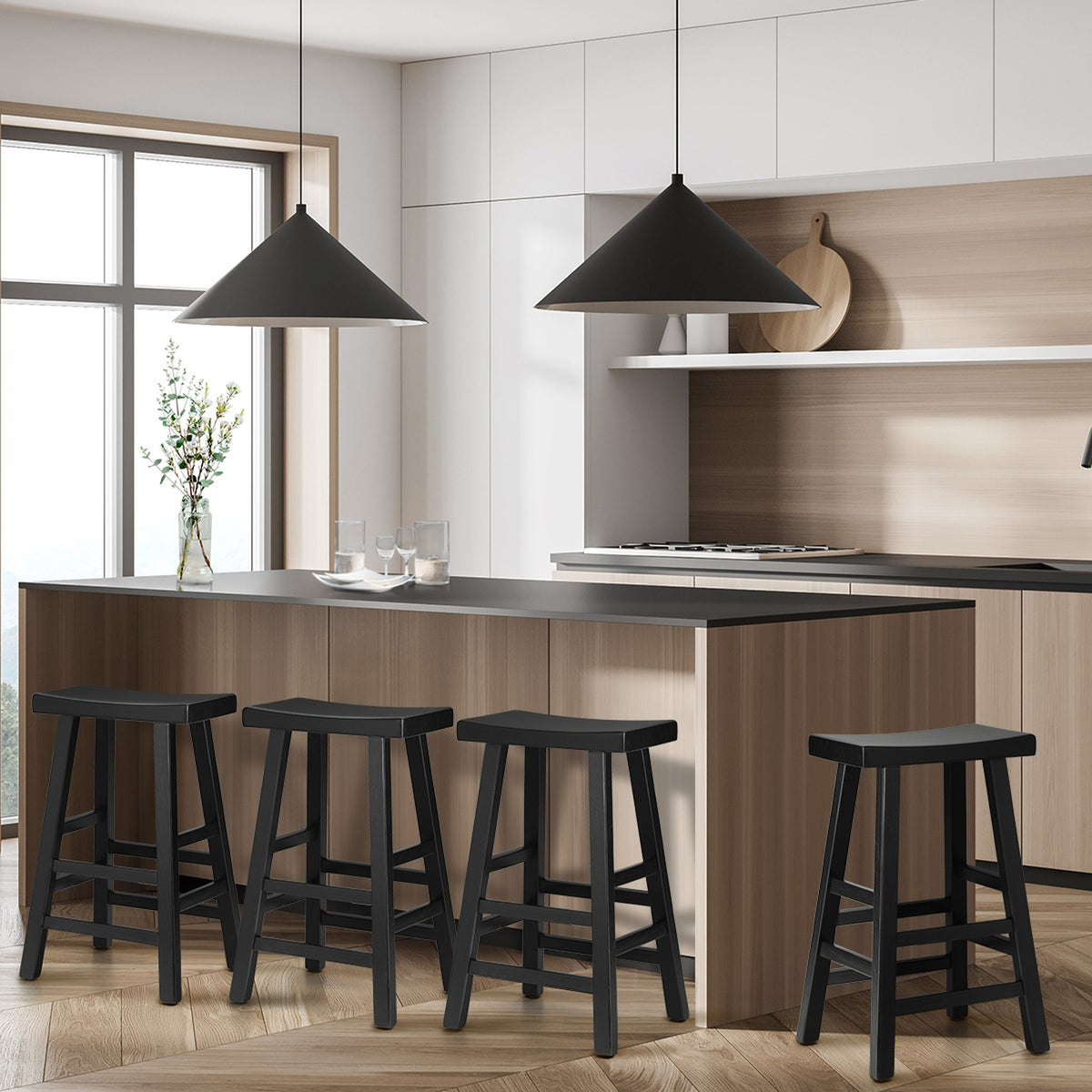 Oikiture 4X Bar Stools Kitchen Stool Wooden Counter Chairs Barstools Black - Sunyee