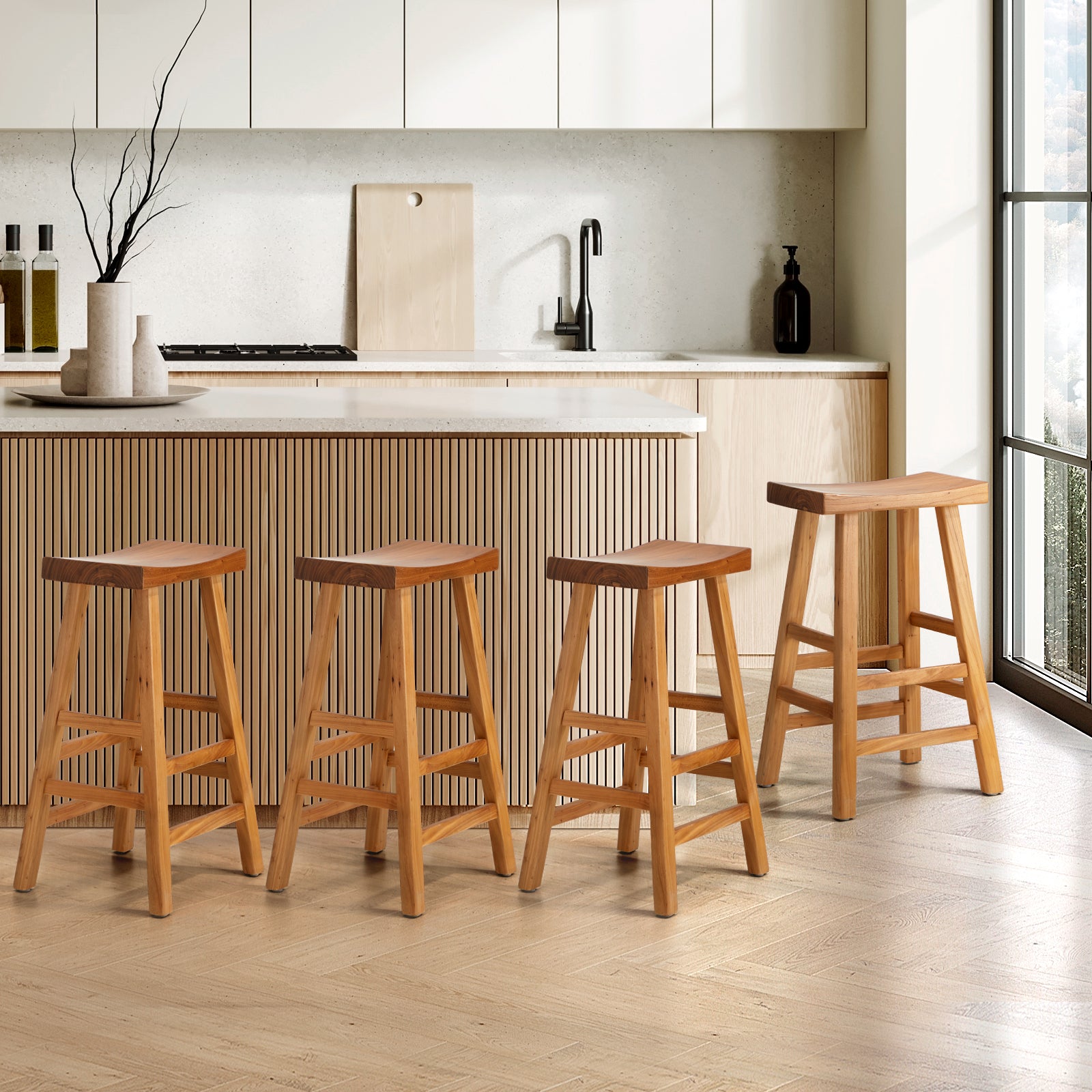 Oikiture Set of 4 Bar Stools Kitchen Stool Wooden Counter Chairs Natural - Sunyee