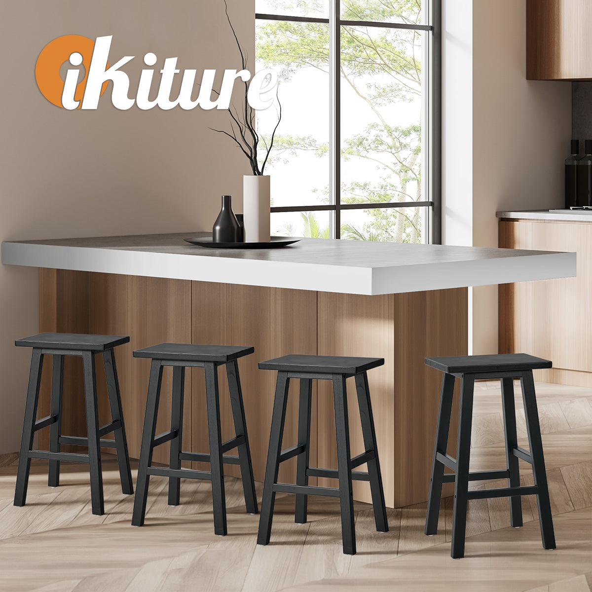 Oikiture 4x Bar Stool Kitchen Counter Dining Chair Split-Level Footrest Black