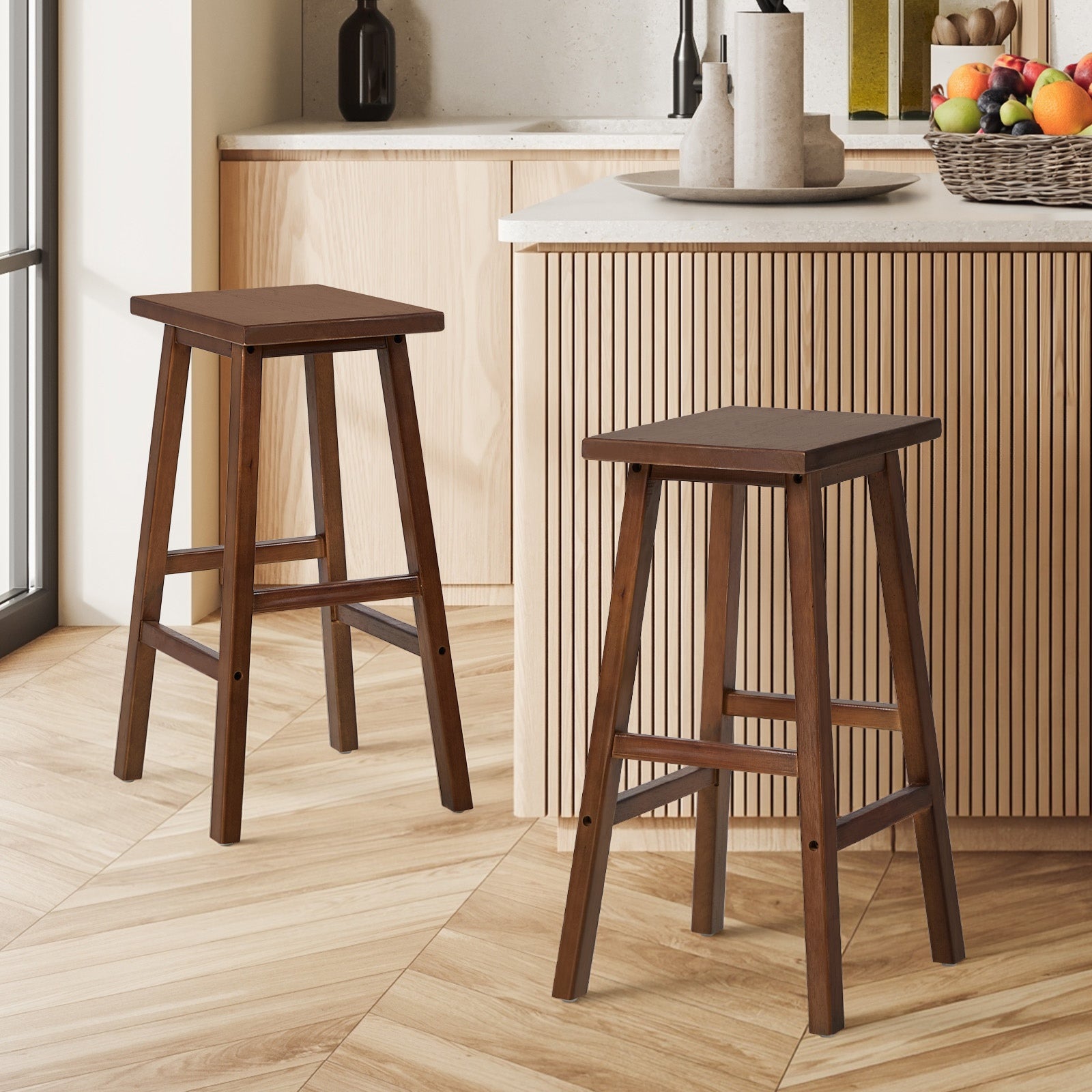 Oikiture 2x Bar Stool Kitchen Counter Dining Chair Split-Level Footrest Walnut