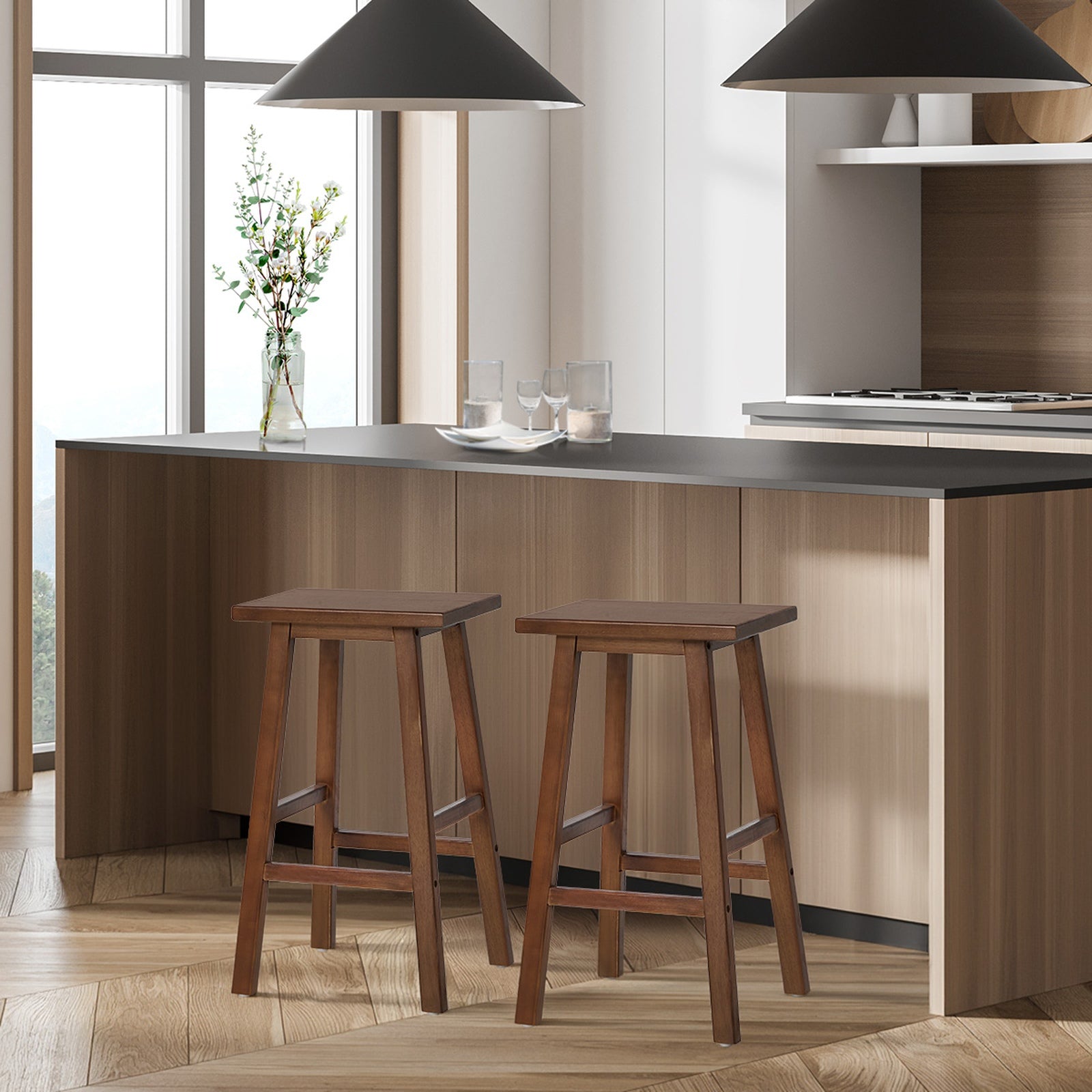 Oikiture 2x Bar Stool Kitchen Counter Dining Chair Split-Level Footrest Walnut