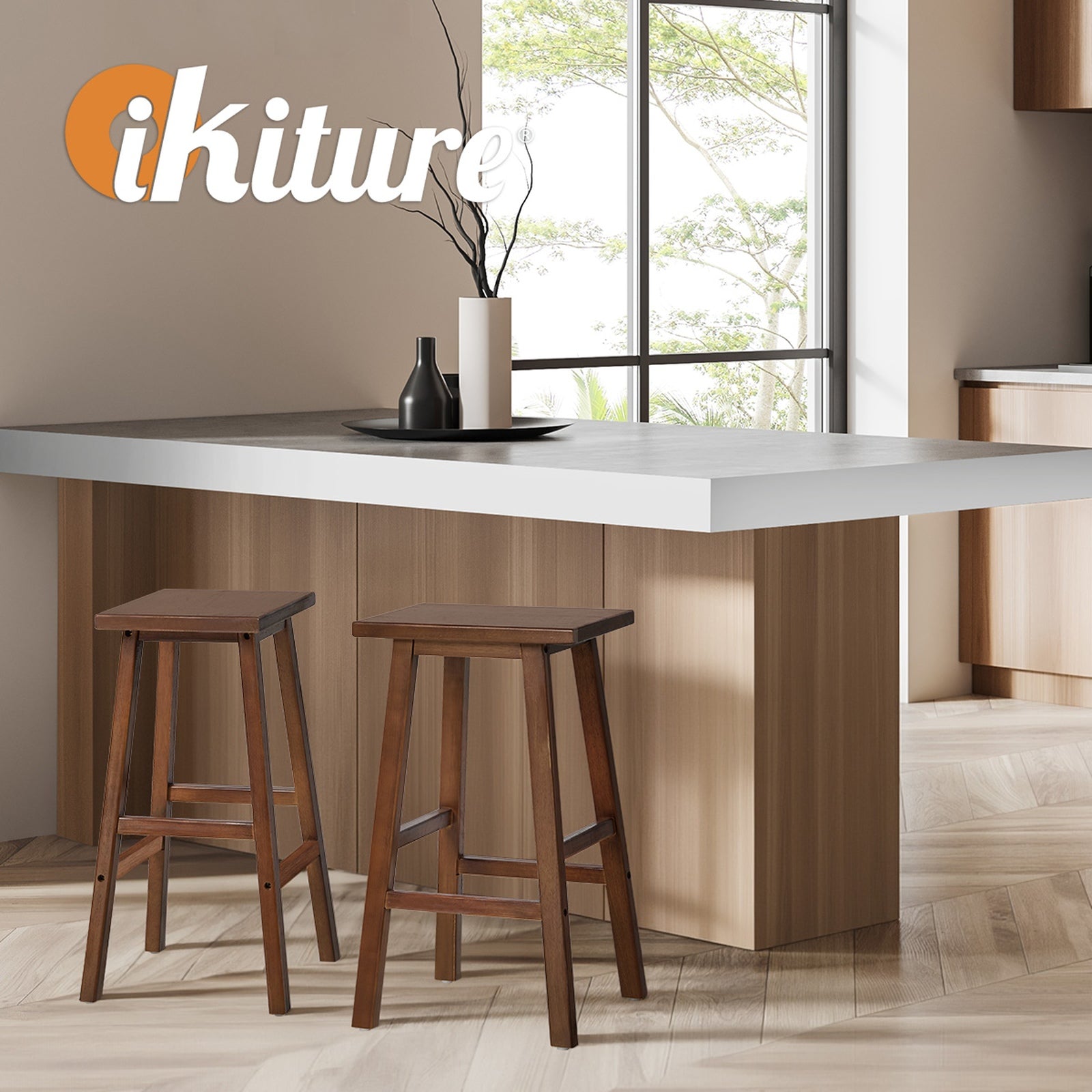 Oikiture 2x Bar Stool Kitchen Counter Dining Chair Split-Level Footrest Walnut
