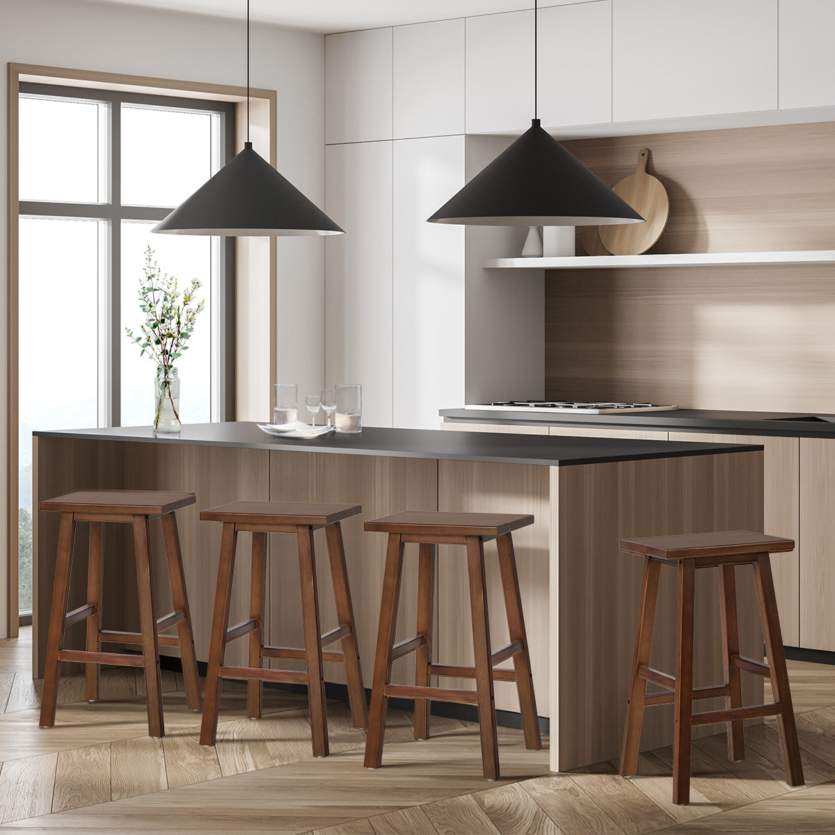 Oikiture 4x Bar Stool Kitchen Counter Dining Chair Split-Level Footrest Walnut