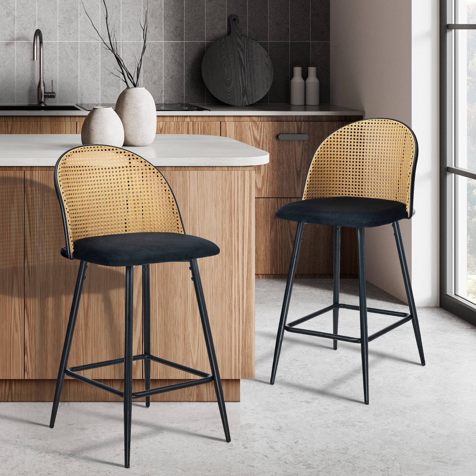 Oikiture Bar Stools Kitchen Counter Stool Rattan Dining Chair Velvet Black x2 - Sunyee