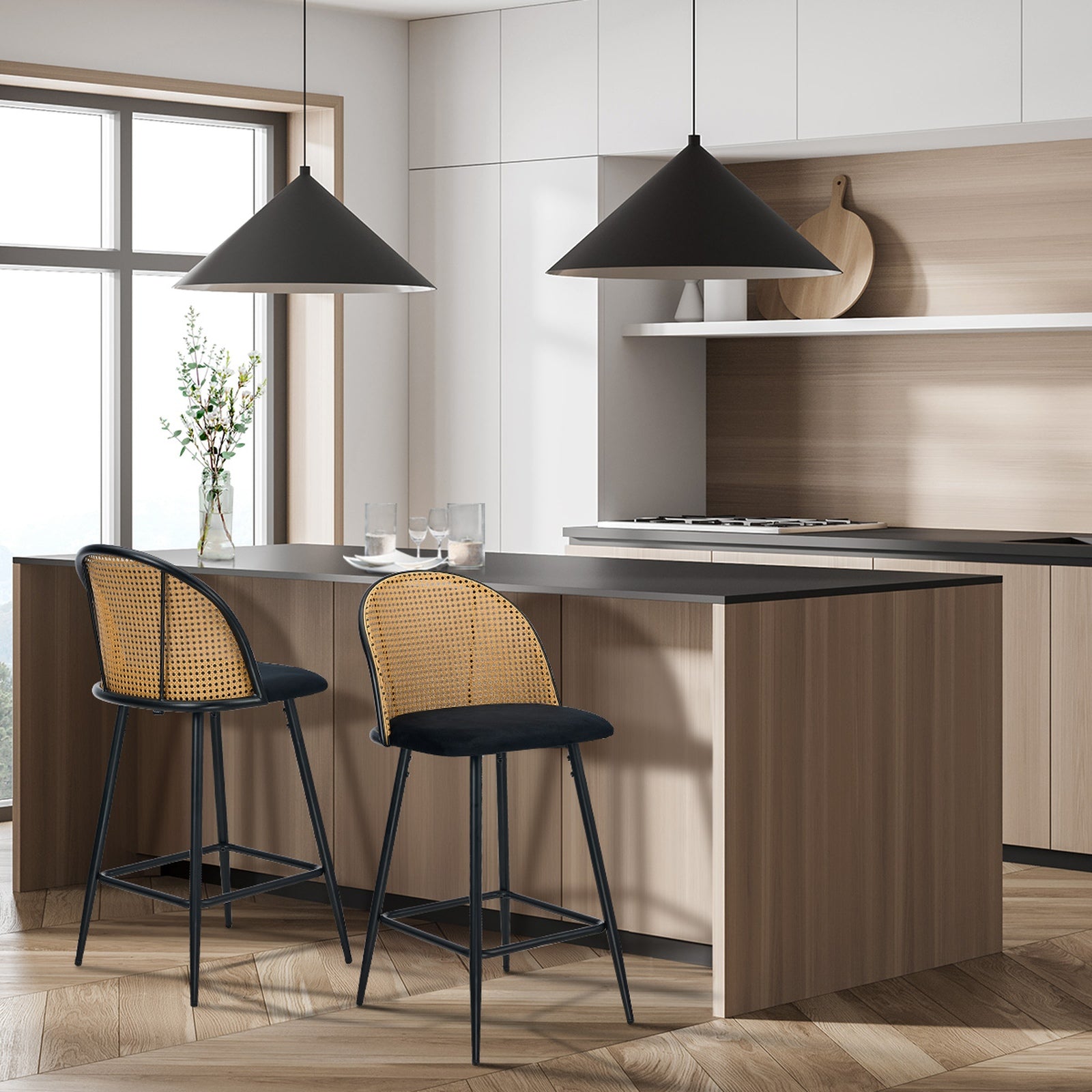 Oikiture Bar Stools Kitchen Counter Stool Rattan Dining Chair Velvet Black x2 - Sunyee