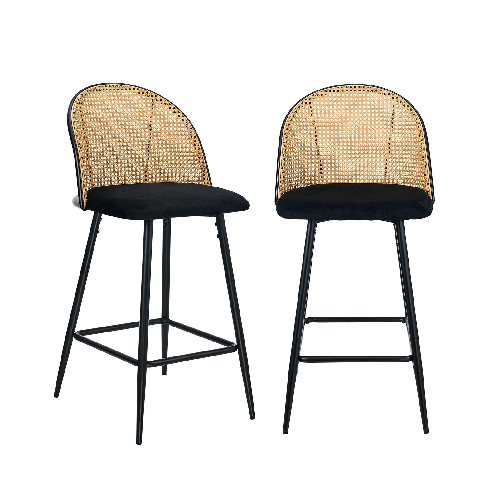 Oikiture Bar Stools Kitchen Counter Stool Rattan Dining Chair Velvet Black x2 - Sunyee