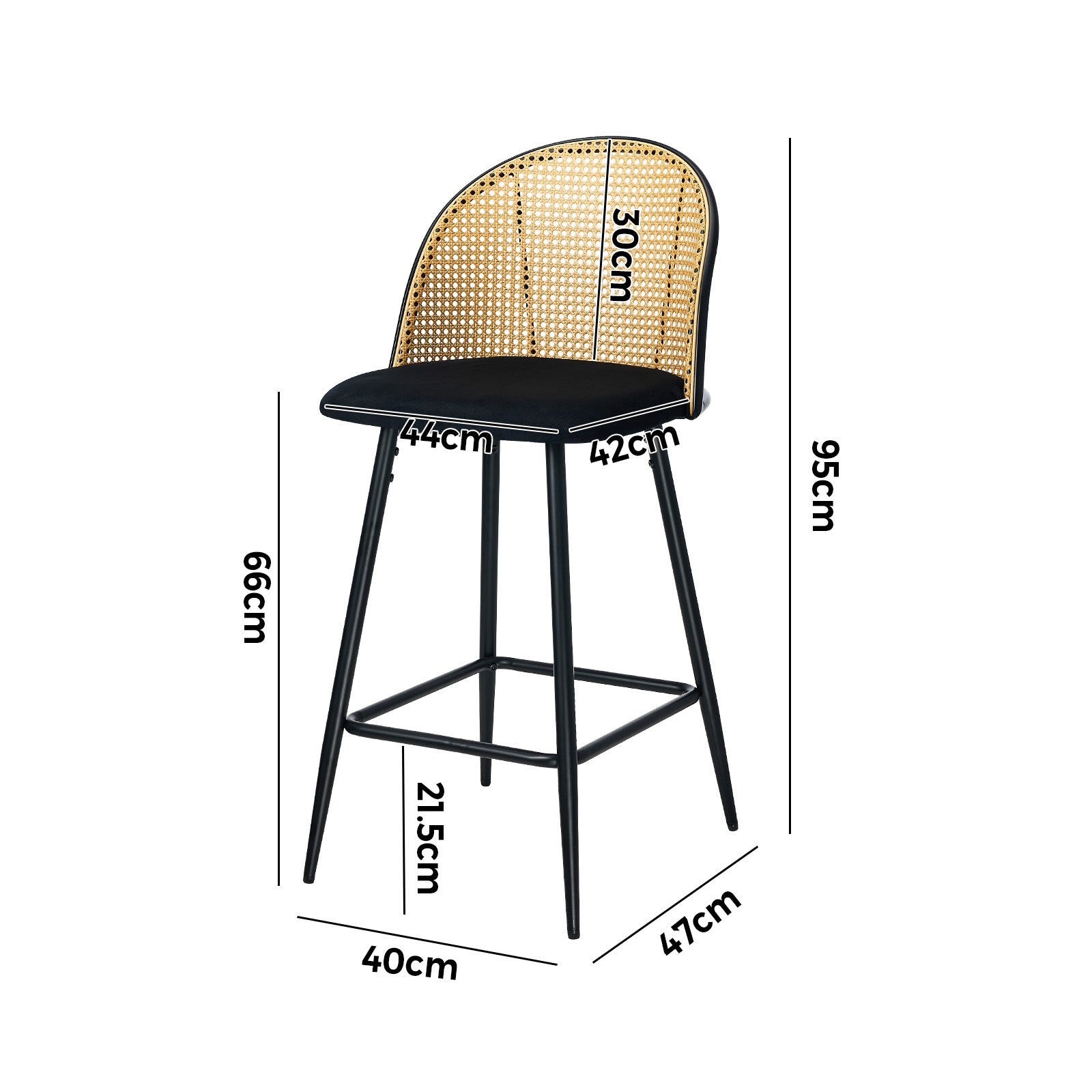 Oikiture Bar Stools Kitchen Counter Stool Rattan Dining Chair Velvet Black x2 - Sunyee