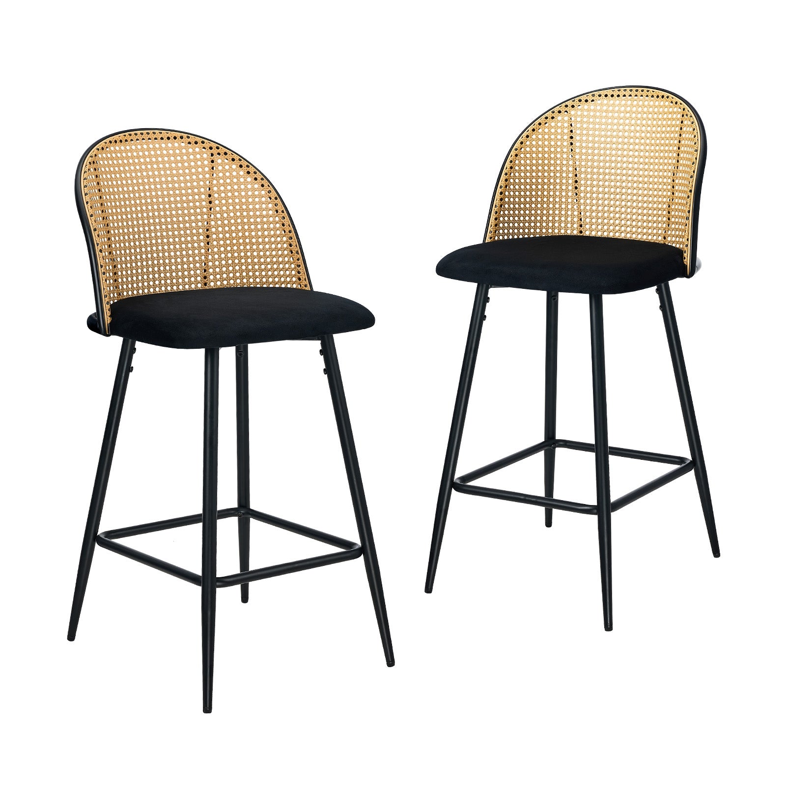 Oikiture Bar Stools Kitchen Counter Stool Rattan Dining Chair Velvet Black x2 - Sunyee