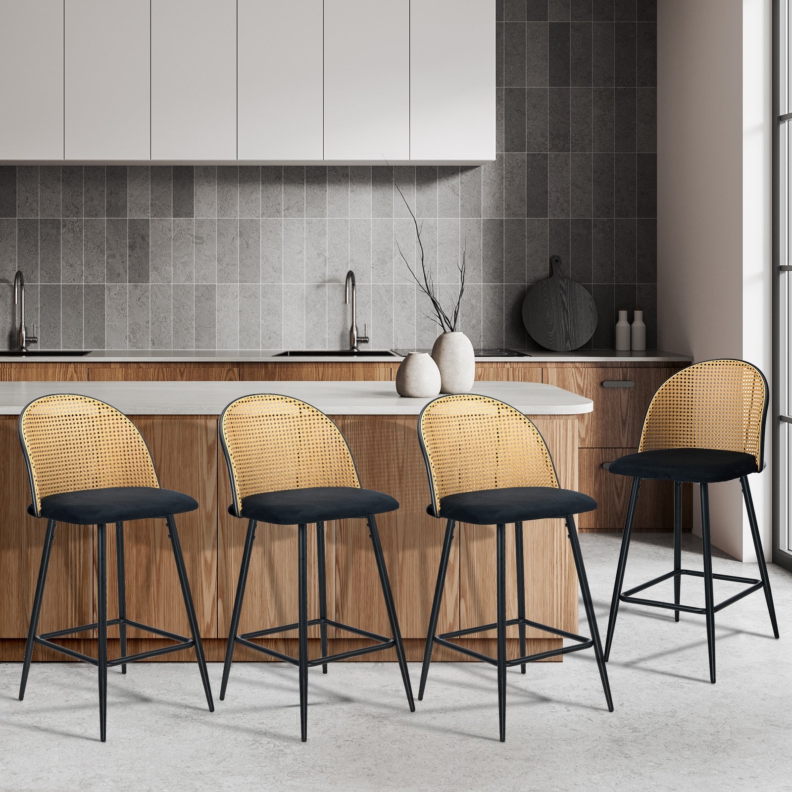 Oikiture Bar Stools Kitchen Counter Stool Rattan Dining Chair Velvet Black x4 - Sunyee